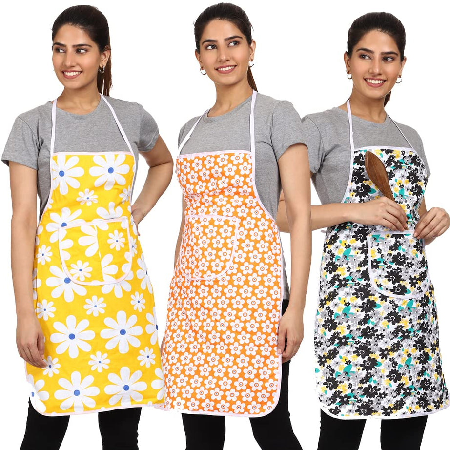 JMi Cotton Floral Print Aprons For Women kitchen Waterproof | Kitchen apron | Apron With Pocket | Multi colour | for Home, Kitchen, Restaurant Free Size (Pack of 3)