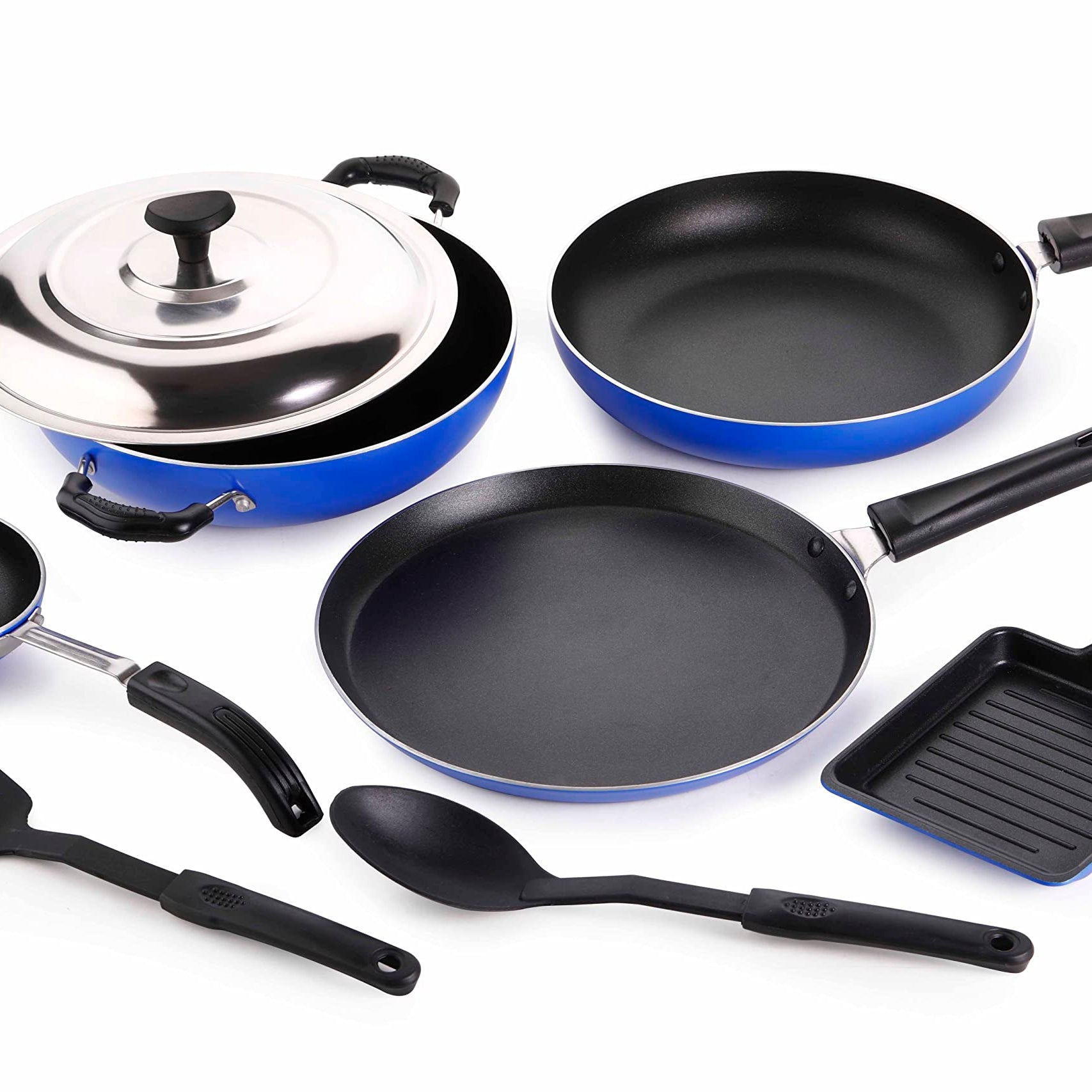 Crystal Eco Plus 8-pc Non-Stick Cookware Set, PFOA Free, Tawa, Kadhai with SS Lid, Fry Pan, Vagariya, Mini Grill Pan, 2 Spatulas, Blue