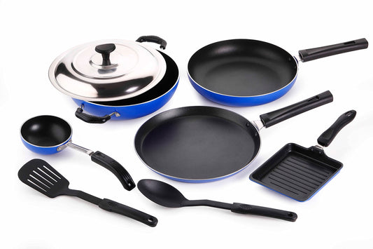 Crystal Eco Plus 8-pc Non-Stick Cookware Set, PFOA Free, Tawa, Kadhai with SS Lid, Fry Pan, Vagariya, Mini Grill Pan, 2 Spatulas, Blue