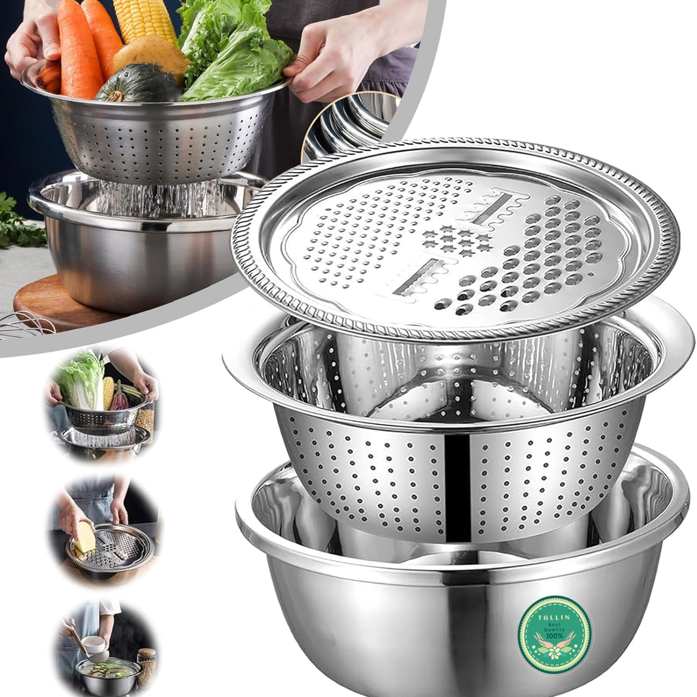 TALLIN Kitchen Multipurpose Grater Bowl with Drain Colander Grater Mesh Basket 3 in 1 Stainless Steel Basin Vegetable and fruit Washing Bowl Strainer Cutter Salad Maker Set (26cm)