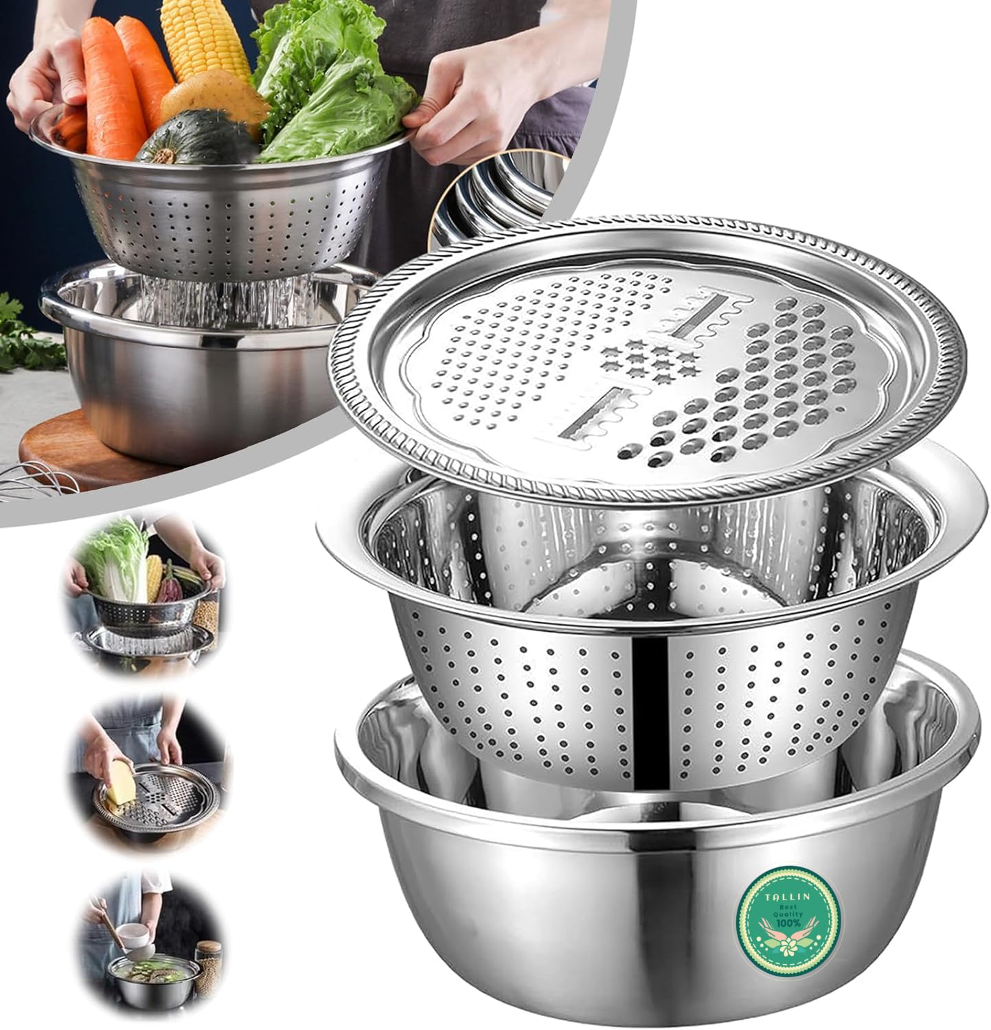 TALLIN Kitchen Multipurpose Grater Bowl with Drain Colander Grater Mesh Basket 3 in 1 Stainless Steel Basin Vegetable and fruit Washing Bowl Strainer Cutter Salad Maker Set (26cm)