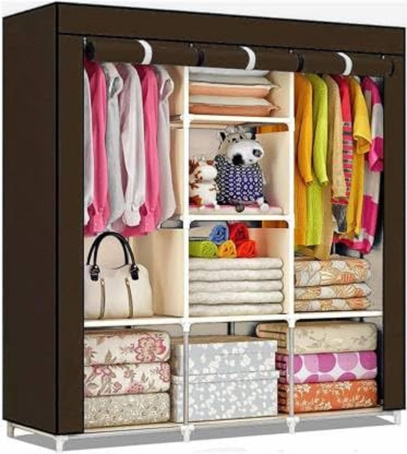 Jureto Collapsible Wardrobe 8 Shelves Storage Unit almari Closet Clothes Storage Rack Quick Wardrobe/Cabinet/Multipurpose Storage Rack, Foldable, Collapsible Fabric Wardrobe Organizer 2024 (Brown)