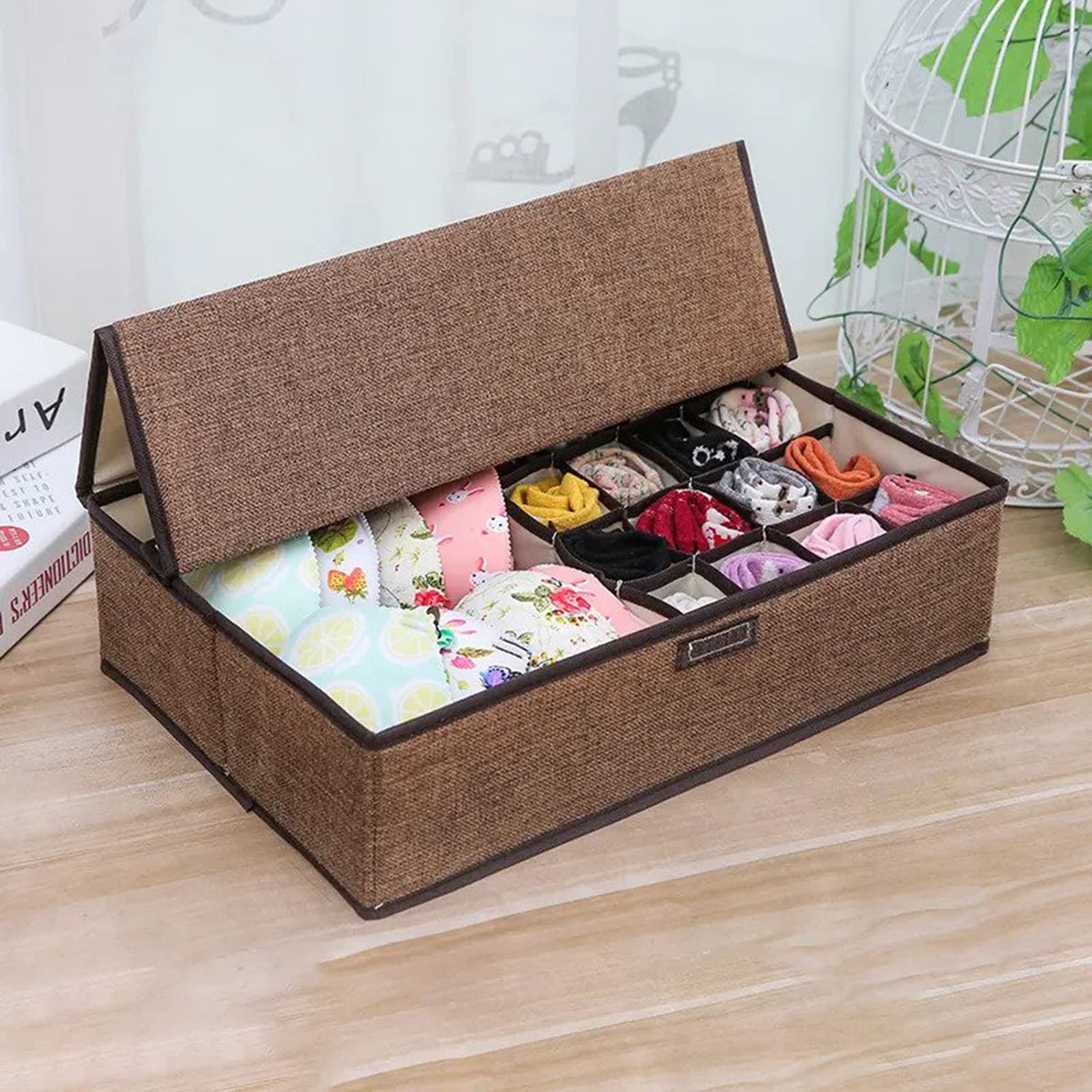 House Of Quirk Innerwear Organizer 16+1 Compartment Non-Smell Non Woven Foldable Fabric Storage Box For Closet (Linen Brown, Rectangular) - Clothing