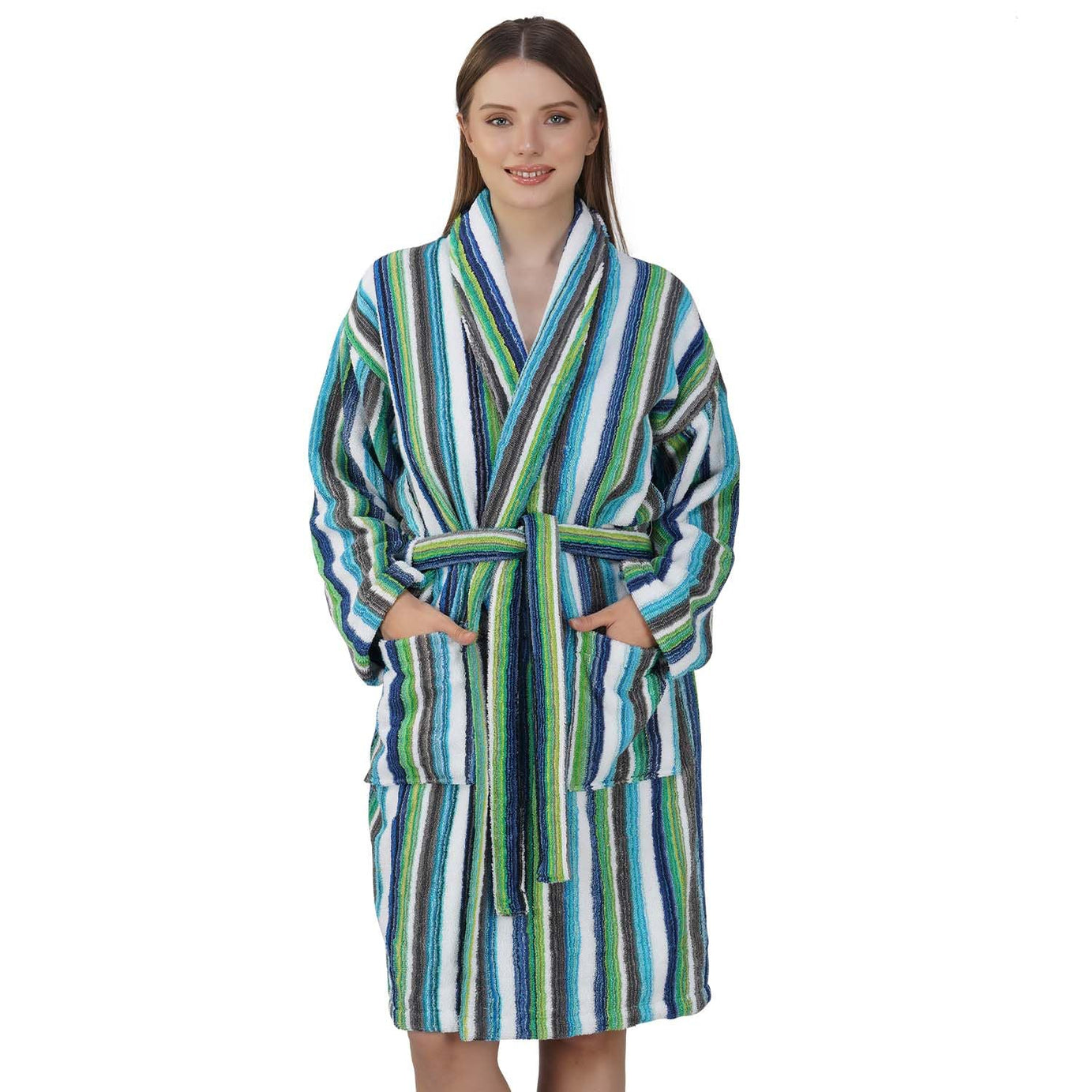 Rangoli Pinstripe 100% Cotton Bathrobe for Men & Women with Matching Slippers | 420 GSM Unisex Bath Robes with Pockets, Lightweight & Highly Absorbent Full Sleeves Bath Gown/Bath Robe | Aqua, S