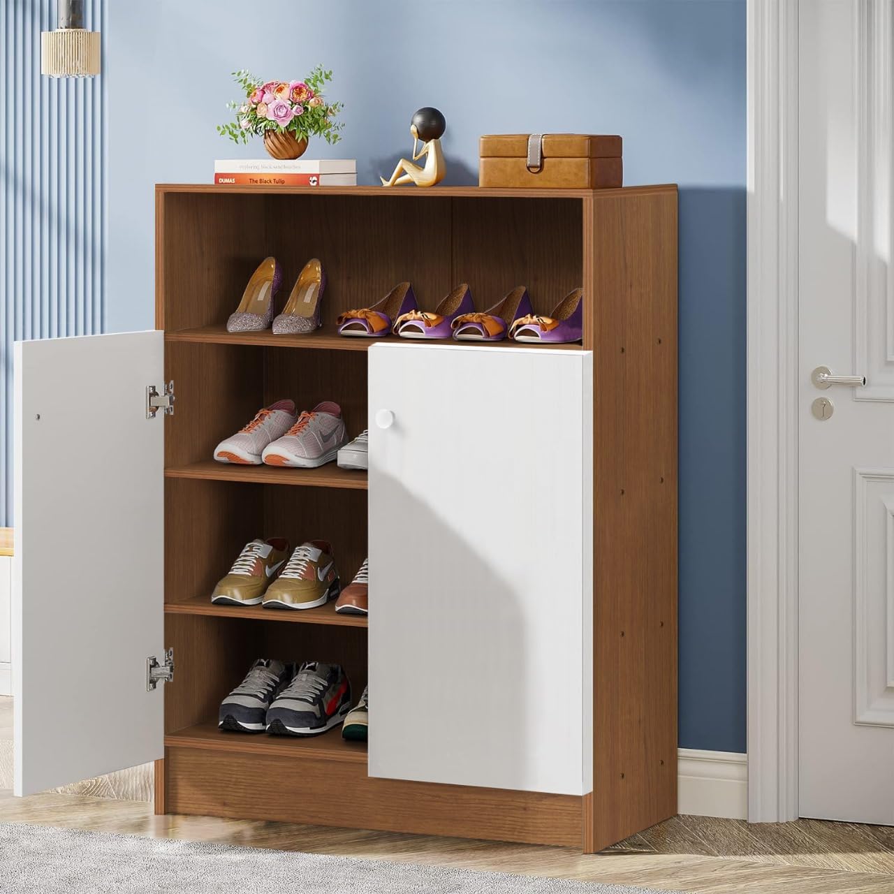 Lukzer 4 Tier Engineered Wood Shoe Rack with Door Multi-Layer Storage Organizer Shelf Free Standing Stand Entryway Rack Cabinets (Oak Brown /91.5 x 30 x 60 cm/SR-003) DIY (Do It Yourself)