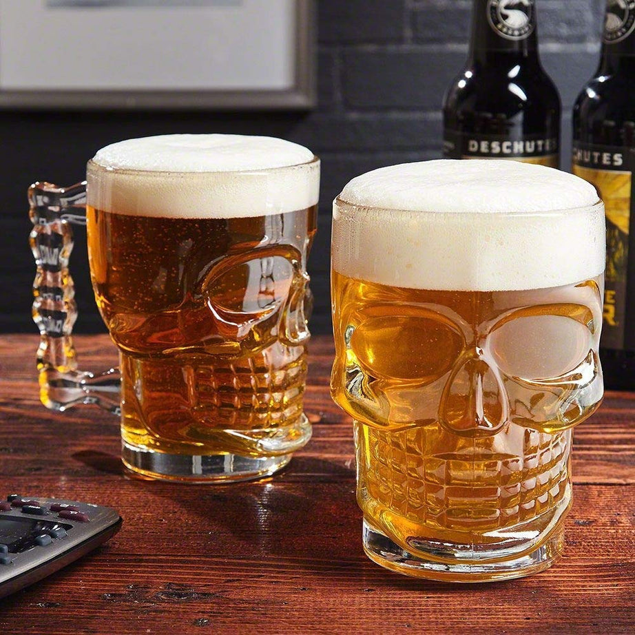 TAKETREND Skull Beer Mug with Handle Set of 4 | Skull Design Mug for Bar and Home Daily Use for Beer Lover | Crystal Clear Mug 450 ml