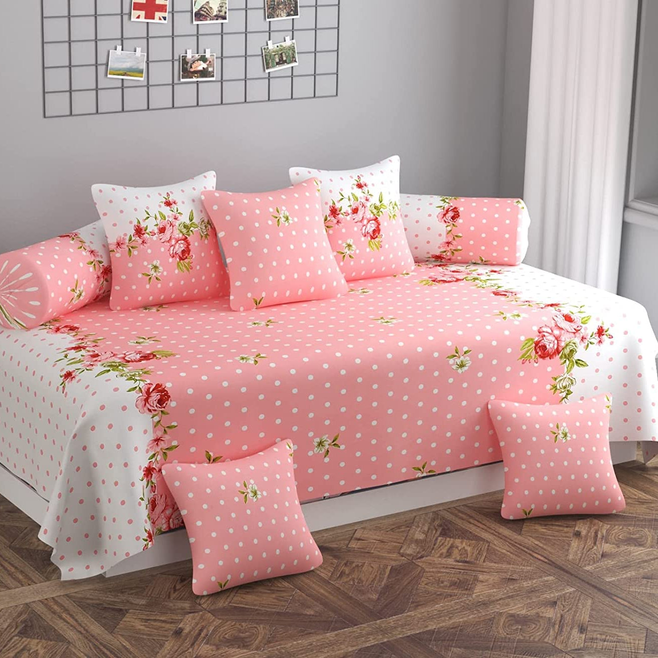 STEDO Homes Pure Cotton Designer Printed Standard 8 Pieces Diwan Set Bedsheet Covers (1 Single Bedsheet, 2 Bolster Covers, 5 Cushion Covers, Pink)