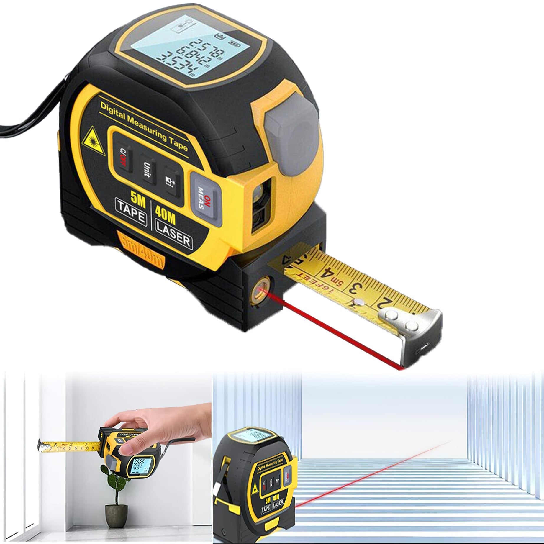 MULZI 3-in-1 Digital Tape Measure Auto Electronic Measuring Tool with Infrared Measurement, 40m Distance Meter Device, Digital Measuring Tape Laser, Level Line for Electric Tools