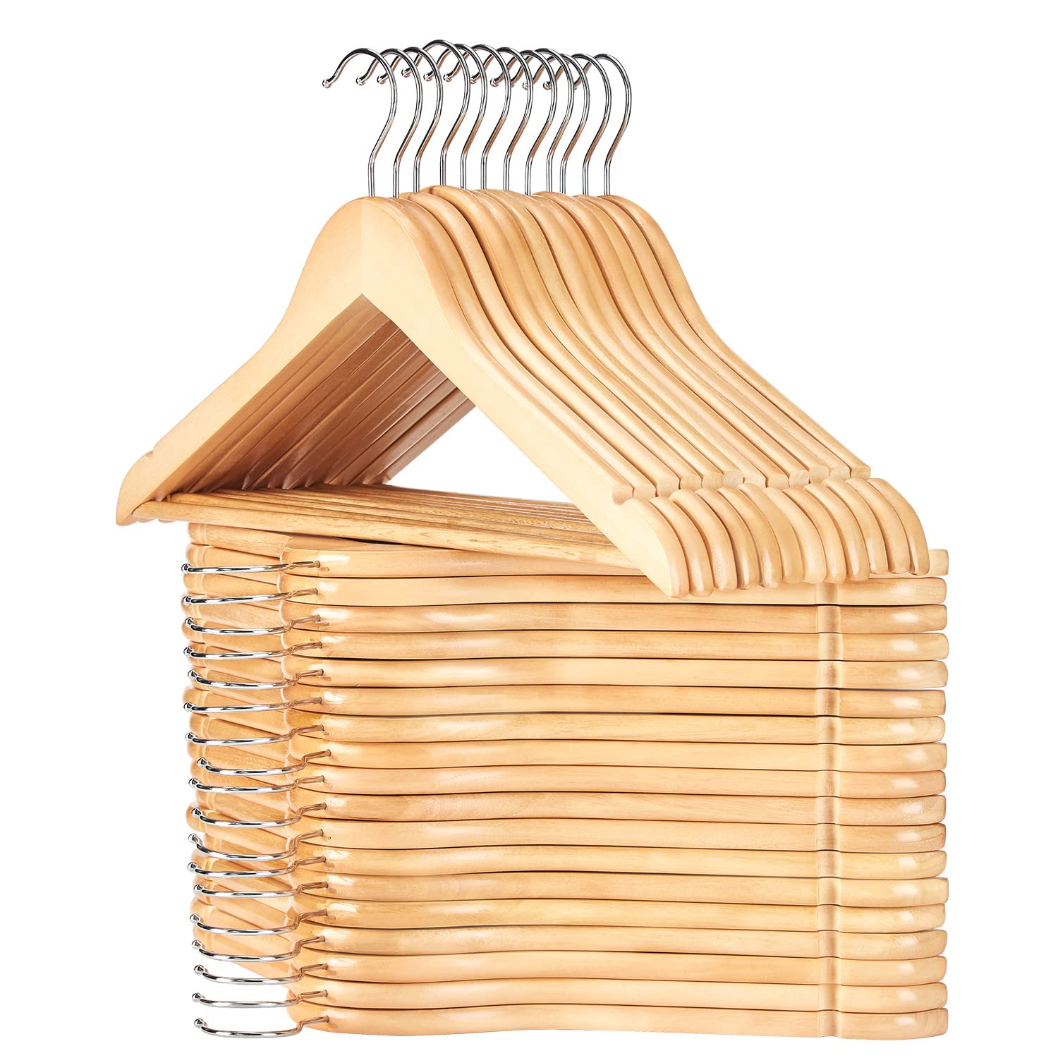 Gabbay Wooden Hangers 30 Pack Natural Finish Solid Wood Hangers with Non Slip Hangers with 360 Swivel Hook for Dress Shirts Jackets Pants