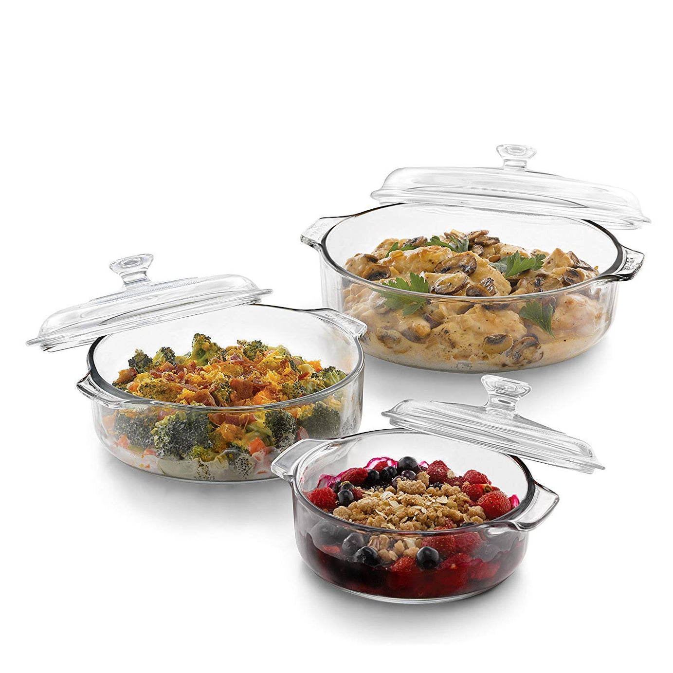 Ash & Roh Glass Casserole Classic Deep Round Oven and Microwave Safe Serving Bowl with Glass Lid, Clear, 1 litre (3 PACK)