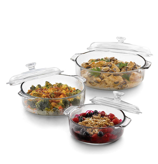 Ash & Roh Glass Casserole Classic Deep Round Oven and Microwave Safe Serving Bowl with Glass Lid, Clear, 1 litre (3 PACK)