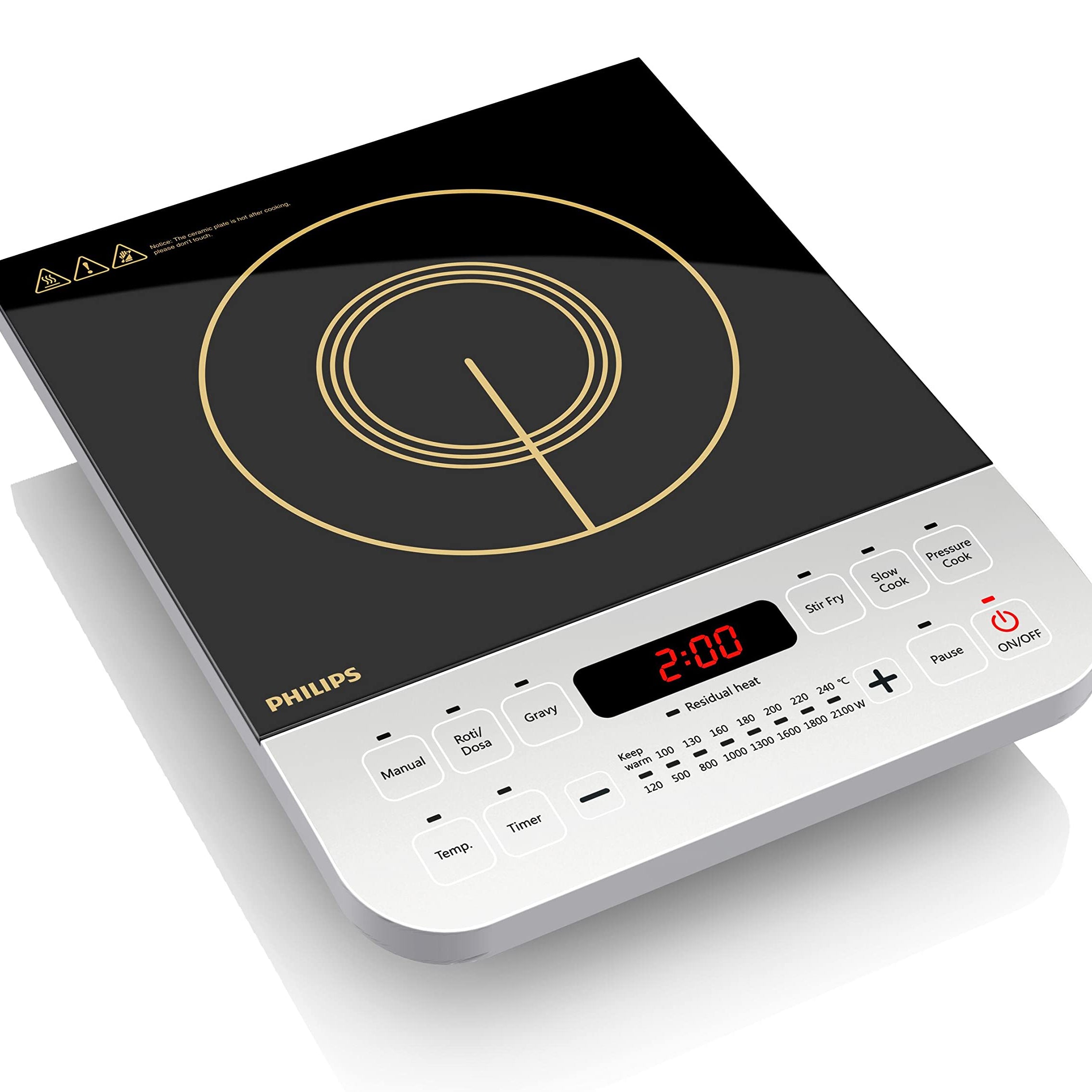 Philips Viva Collection HD4928/01 2100-Watt Induction Cooktop, Soft Touch Button with Crystal Glass (Black)