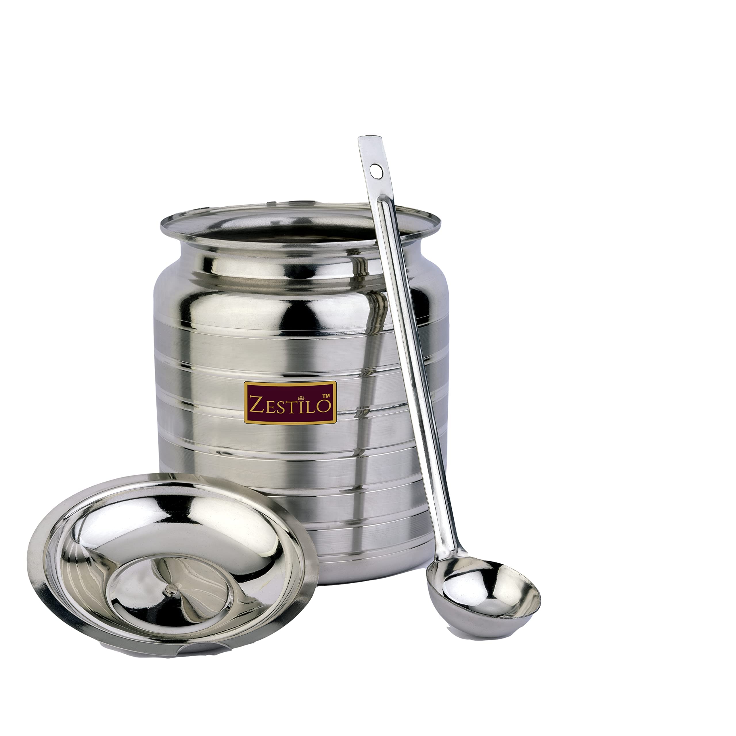 ZESTILO Stainless Steel Oil/Ghee Jar Container,Oil pot, ghee container with spoon oil dispenser Platinum Finish (450 ml)