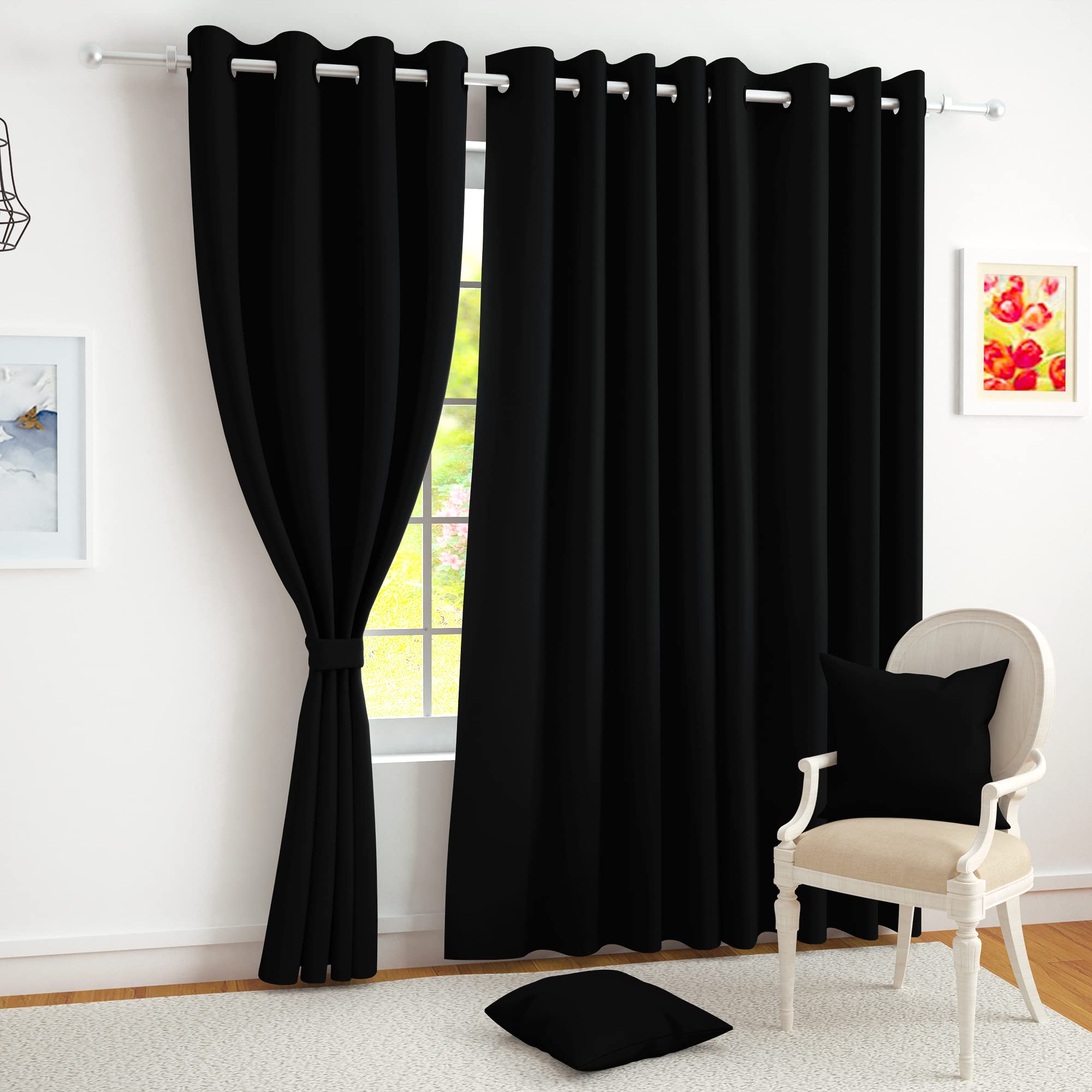 Story@Home Blackout Curtains 9 feet Long Set of 2 Room Darkening Long Door Curtain Plain, Black, 100% Opacity