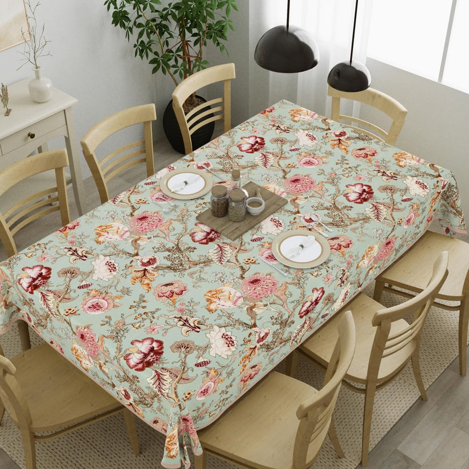 Clasiko 100% Cotton 8 Seater Table Cover; 60x108 Inches; Multicolor Flowers On Green