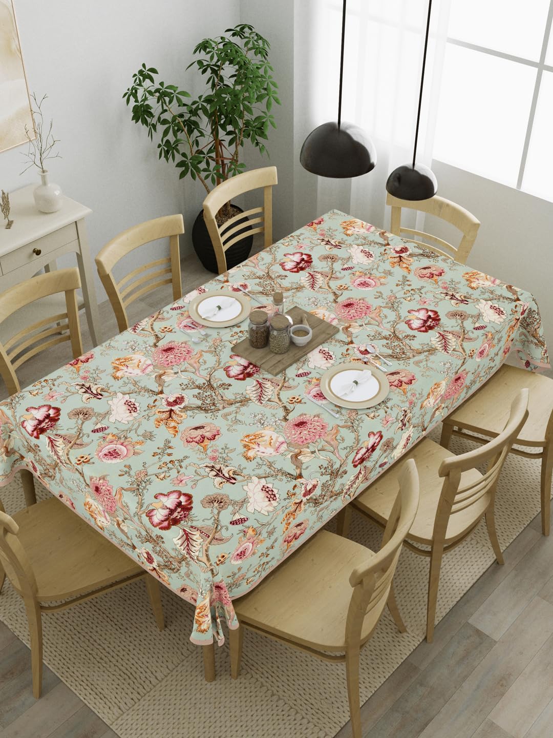 Clasiko 100% Cotton 8 Seater Table Cover; 60x108 Inches; Multicolor Flowers On Green