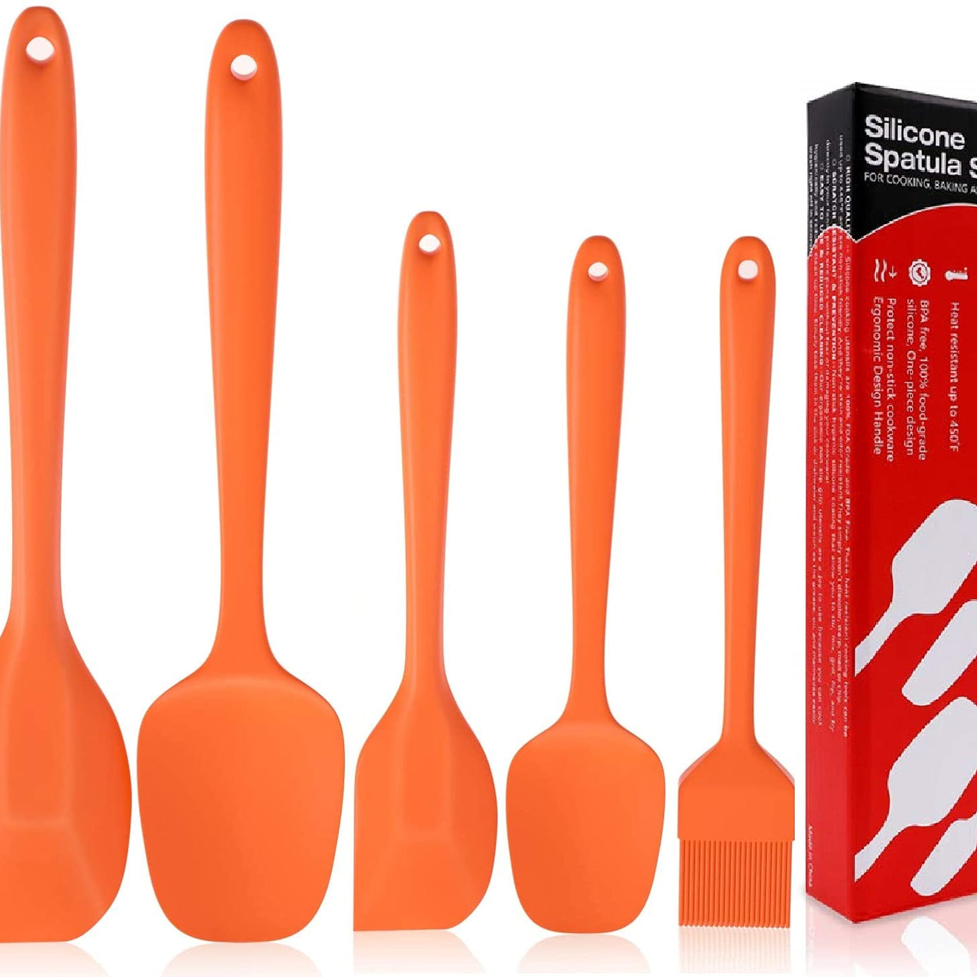 P-Plus International Silicone Spatula Set 5-Piece - 446F Heat-Resistant Baking Spoon Spatula - Seamless One-Piece Design- Non-Stick Silicone Stainless Steel Core (Spatula Set of 5 Orange)