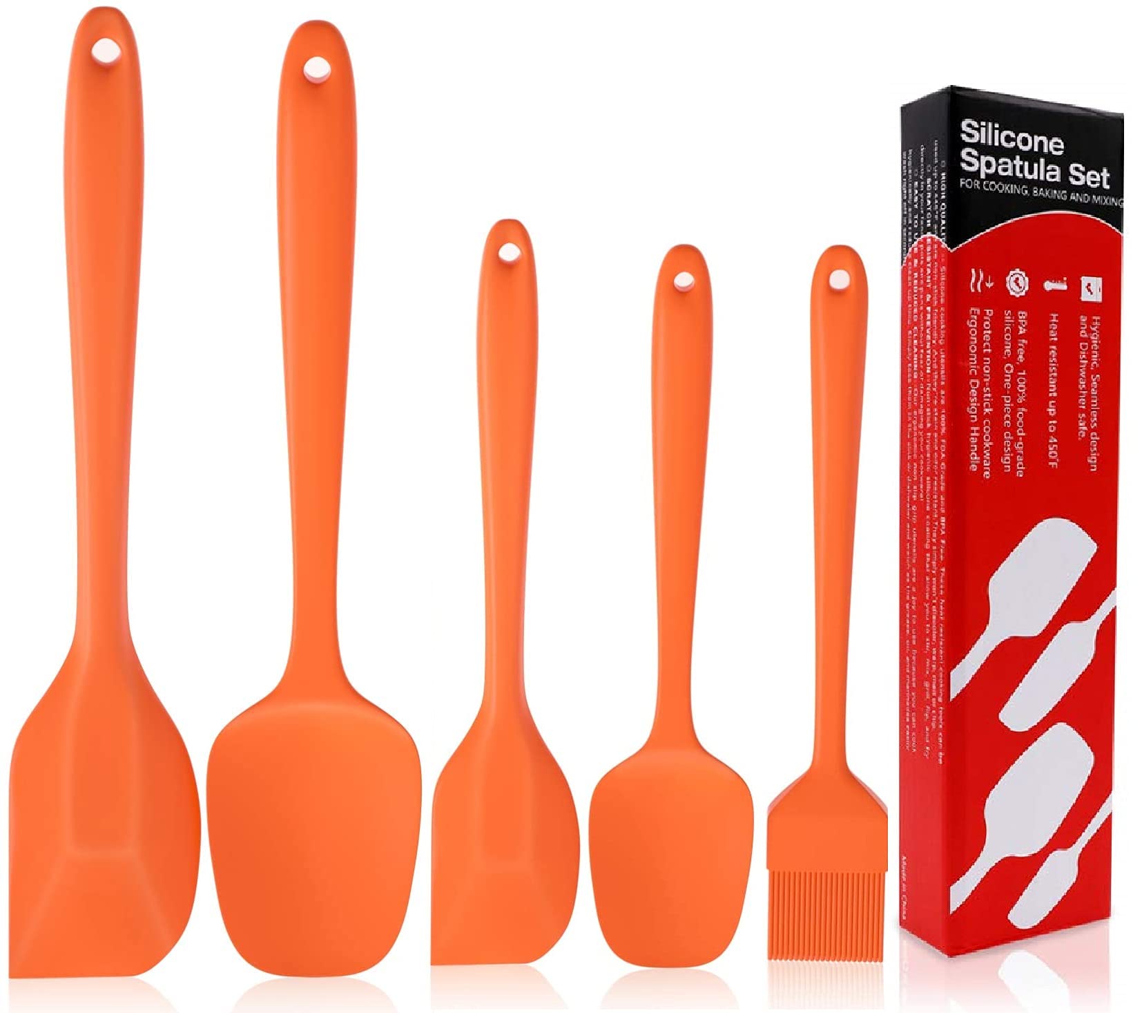 P-Plus International Silicone Spatula Set 5-Piece - 446F Heat-Resistant Baking Spoon Spatula - Seamless One-Piece Design- Non-Stick Silicone Stainless Steel Core (Spatula Set of 5 Orange)