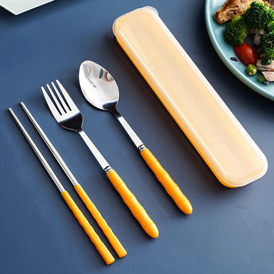 Wolpin Cutlery Set for Lunch Box (Set of 3 Pcs) Re-usable Spoon Set Premium Stainless Steel (Spoon, Fork, Chopsticks, Travel Spoon Box) Portable Tableware Men Women Office, Home School Kids, Yellow