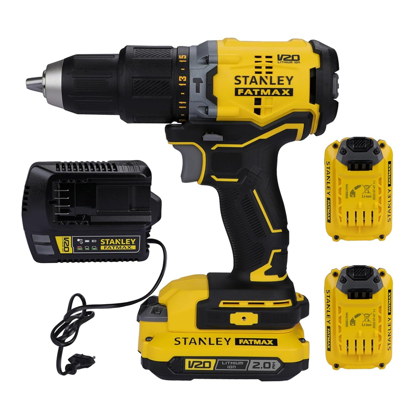 STANLEY FATMAX SBD715D2K-B1 20V 2.0Ah 13 mm Cordless Brushless Hammer Drill Machine With 2x2.0Ah Li-ion Batteries And 1pc Charger, 2 Speed Gearbox, 2 Years Warranty