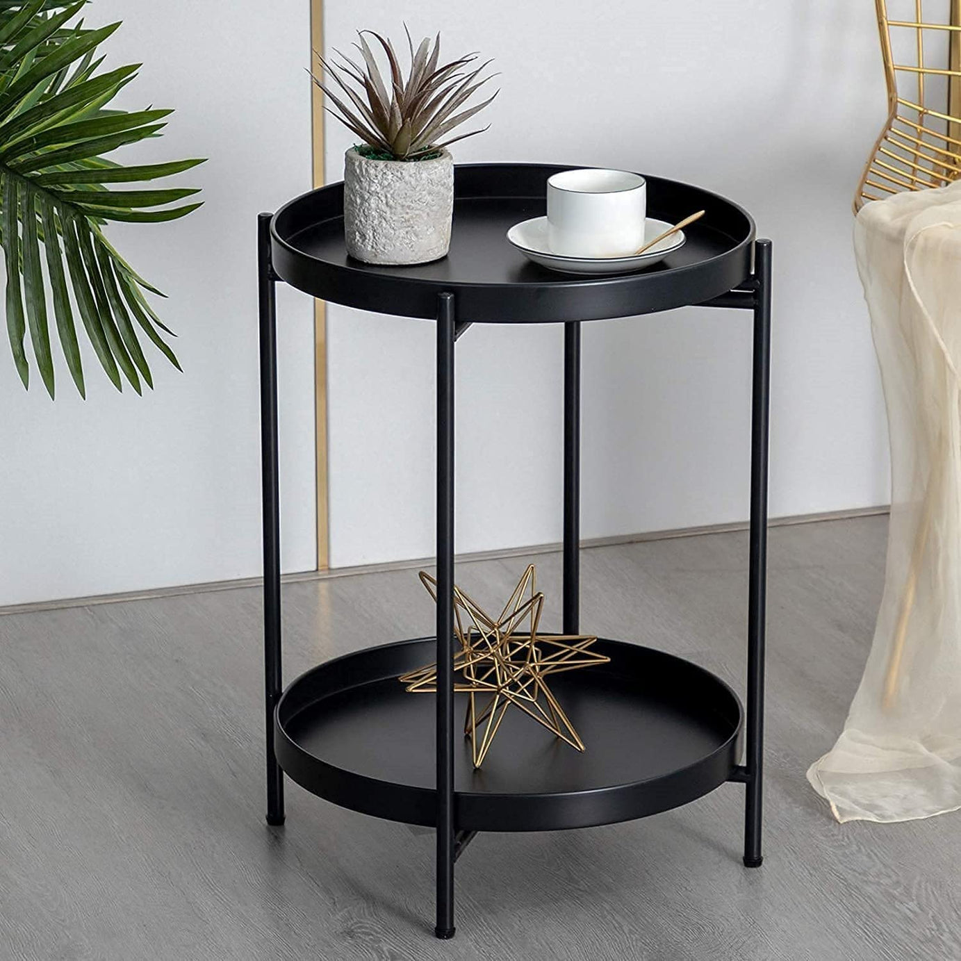 Interior Handicraft 2 Tier End Table Folding Metal Side Table Waterproof Small Accent Coffee Table Sofa Side Table with Removable Tray for Living Room Bedroom Balcony and Office (Matt Black)