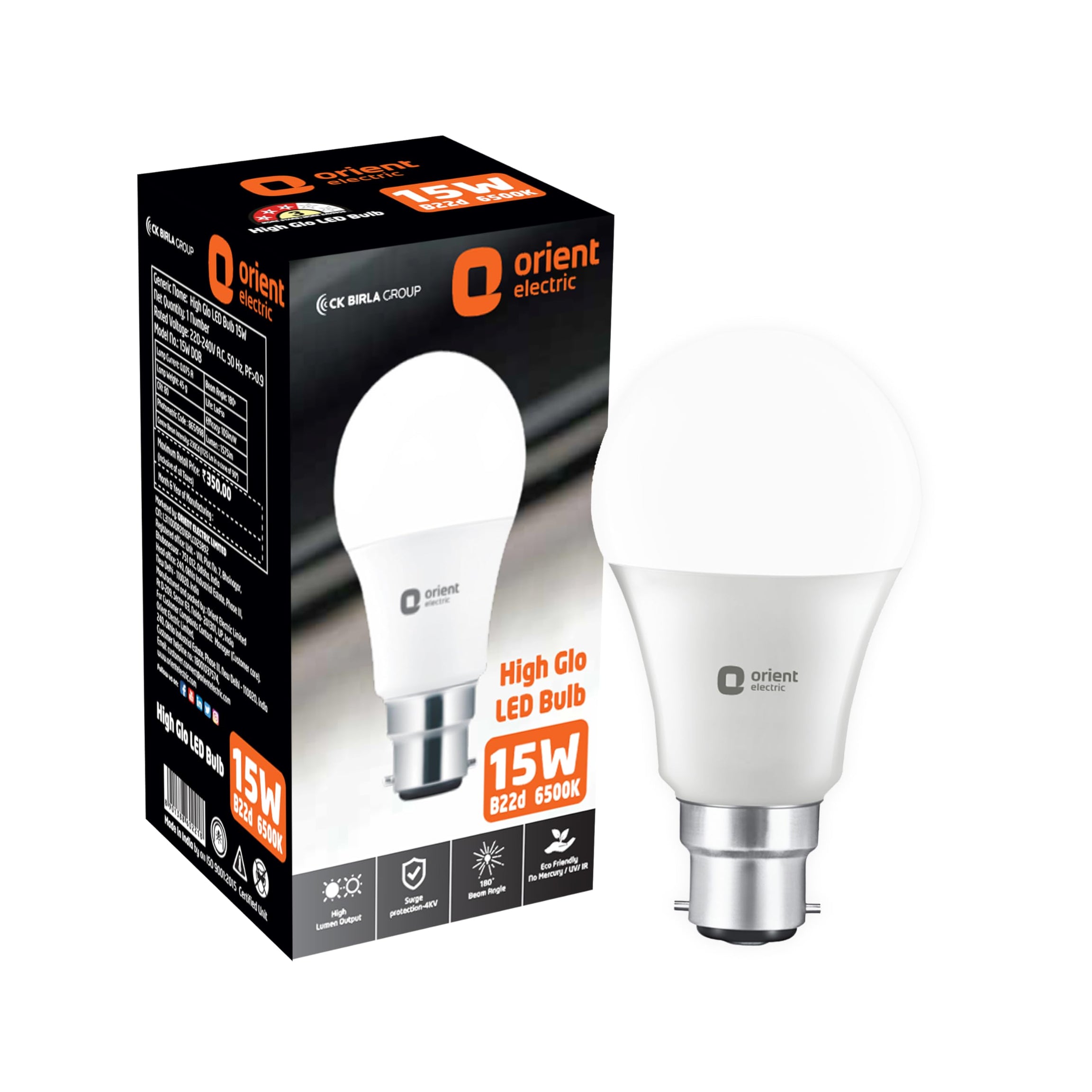 Orient Electric High Glo LED Bulb 15W, Cool white light, 6500K, B22d, Pack of 1