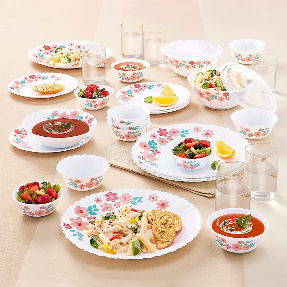 Larah By Borosil Ayana Silk Series Opalware Dinner Set with Glasses,35 Pieces for Family of 6,Microwave & Dishwasher Safe,Bone-Ash Free, Crockery Set for Dining & Gifting, Plates & Bowls, White,Floral