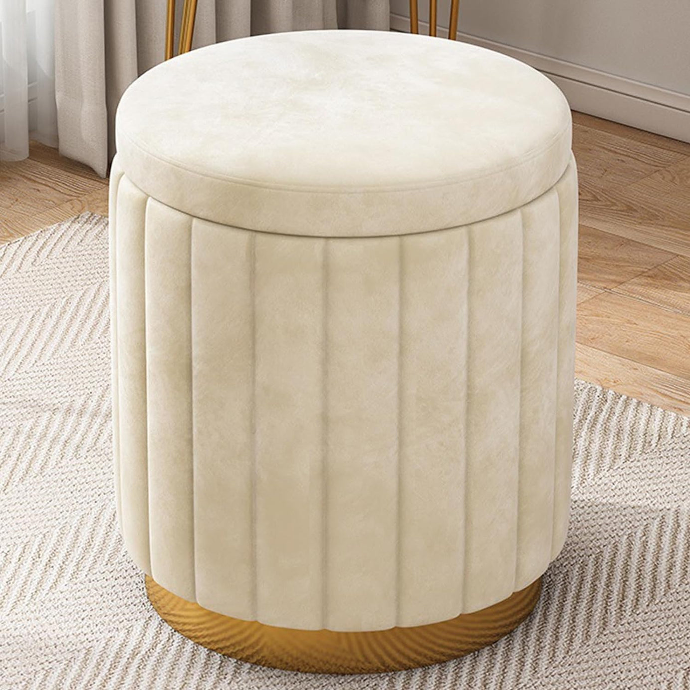 CRYSTAL WOOD ART Ottoman Stool for Living Room | Pouffes for Sitting Velvet Ottoman | Foot Rest Ottoman stools | Office Stools | Pouf for Office Home Decoration & Dressing Table - Cream