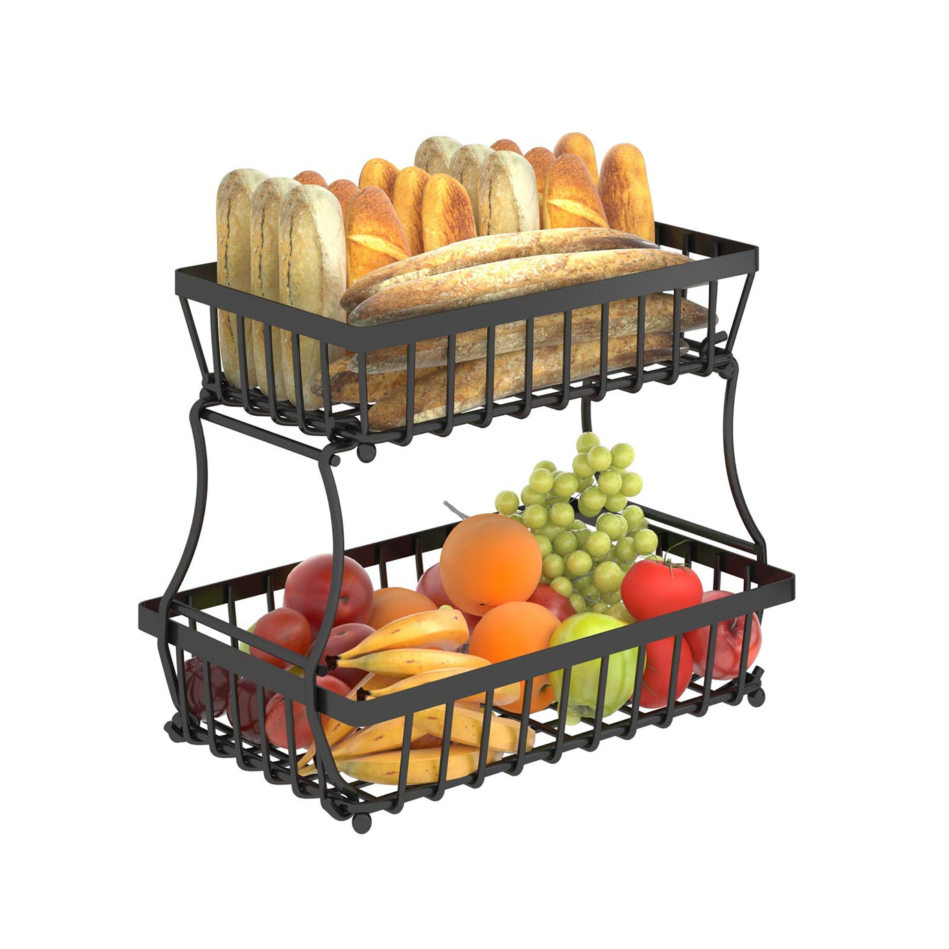 Apsan 2 Tier Fruit Wire Basket Detachable Bowl Baskets, Kitchen Storing Baskets Stand, Vegetables, Snacks Bread Organizing, Medium Black