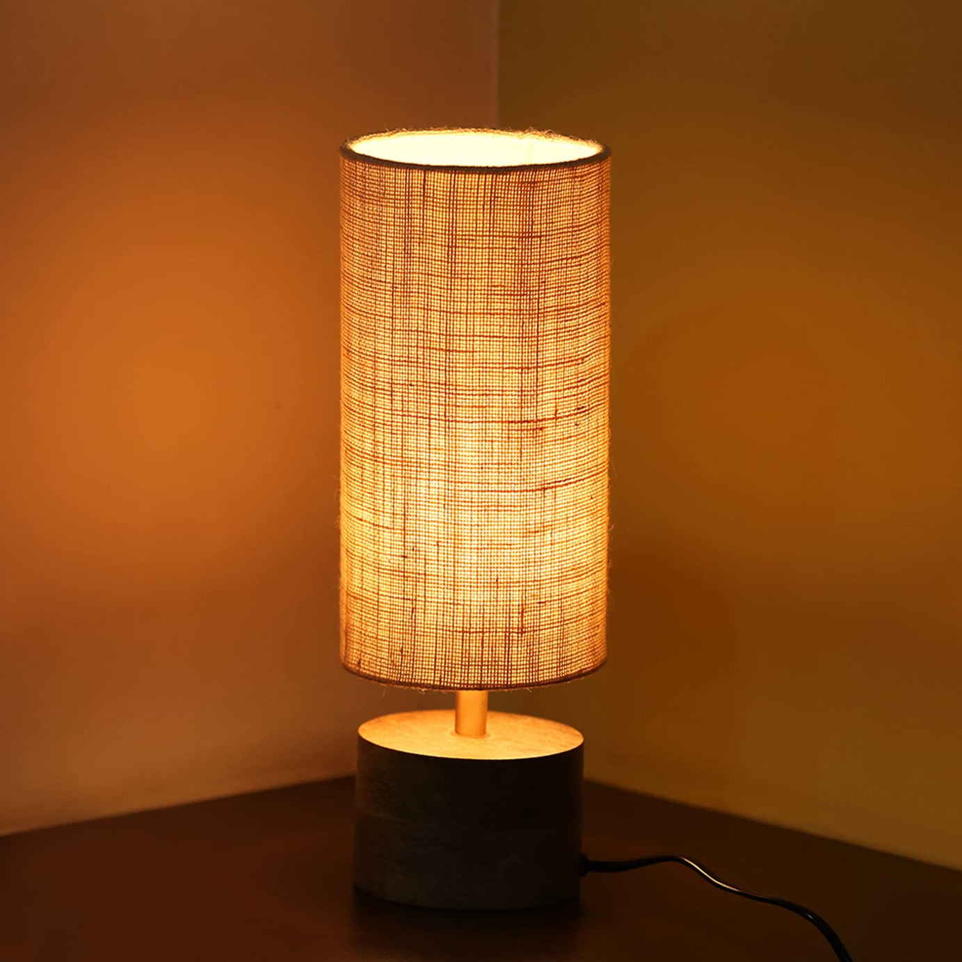 ExclusiveLane 'Volta' Mango Wooden LED Table Lamp for Bedroom & Living Room(14 Inch,Linen & Wood,without Bulb,Pack of 1)|Bedside Table Lamp Side Table Lamps for Home Decoration Office Study Side Lamp