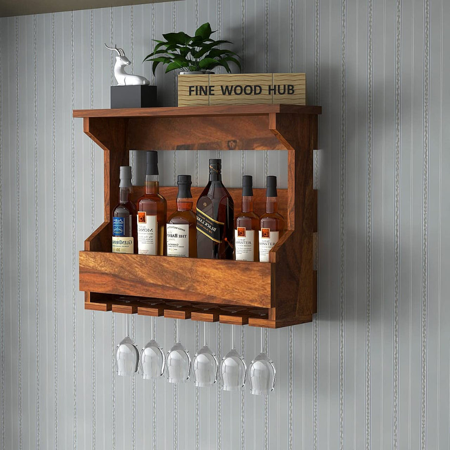 Fine Wood Hub Solid Sheesham Wood Jaddy Wall Hanging Mounted Wine Rack Wooden with Glass Holder,Wood Wine Glass Rack Wine Storage Rack & Glass Holder for Home Decor Kitchen Bar Cabinets Natural Finish