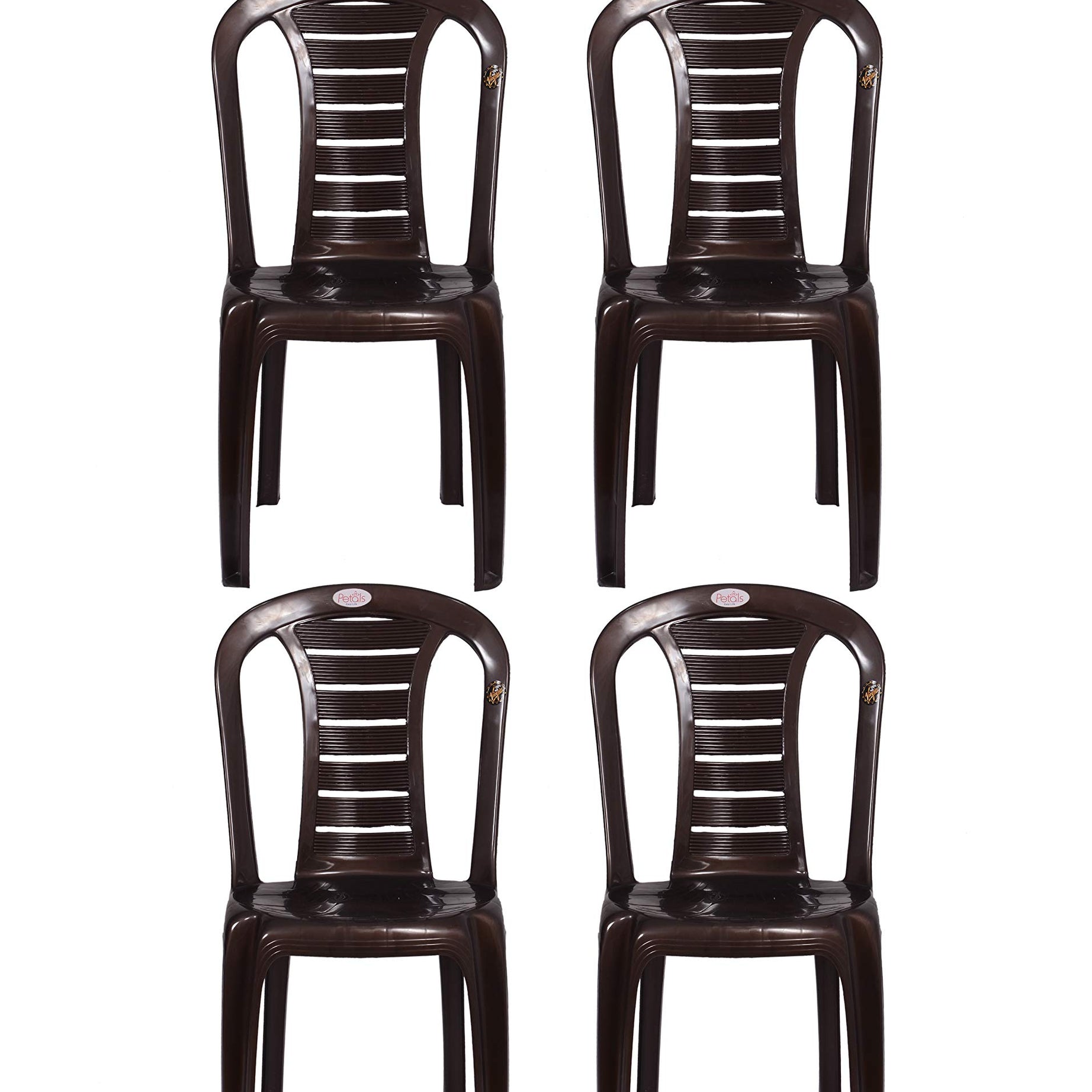 PETALS Leo Plastic Dining Chairs Set of 4 | PVC Fiber Armless Stacking Chair for Dining Room, Outdoor, Restaurants & Cafe | 100% Pure Virgin Plastic with UV Protection | Capacity Upto 150kgs | Brown