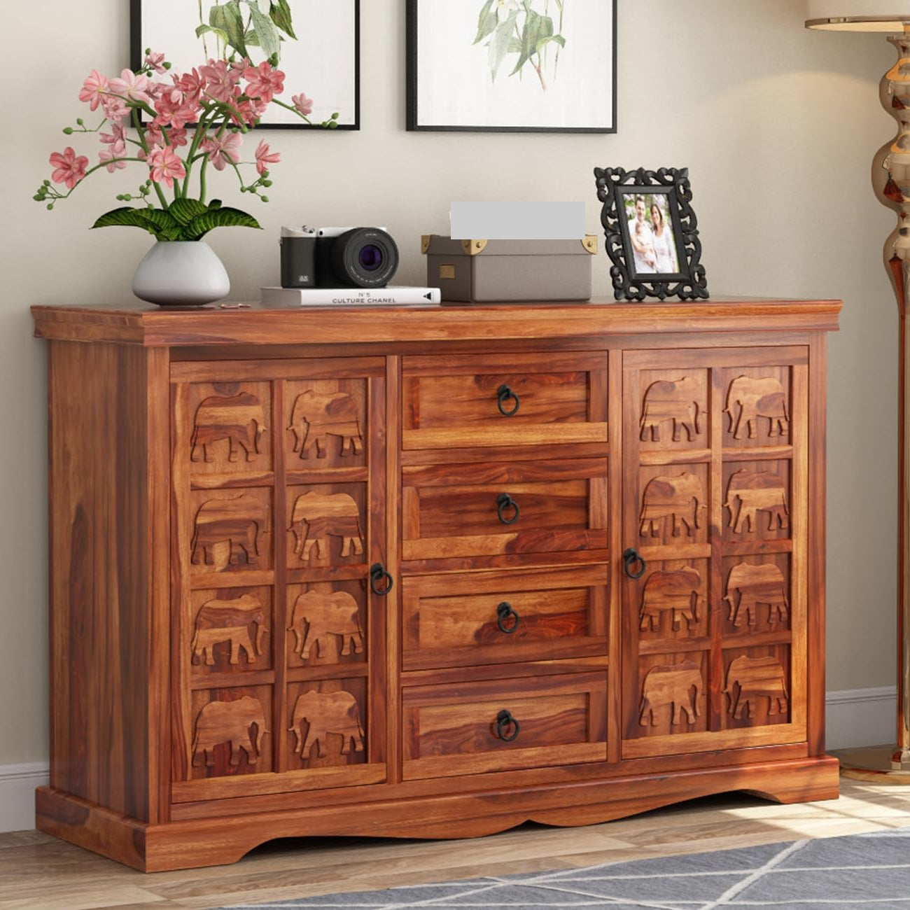 GADWAL FURNITURE Solid Sheesham Wood Wooden Cabinet Sideboard with 4 Drawers and 2-Door Storage (Honey Finish)