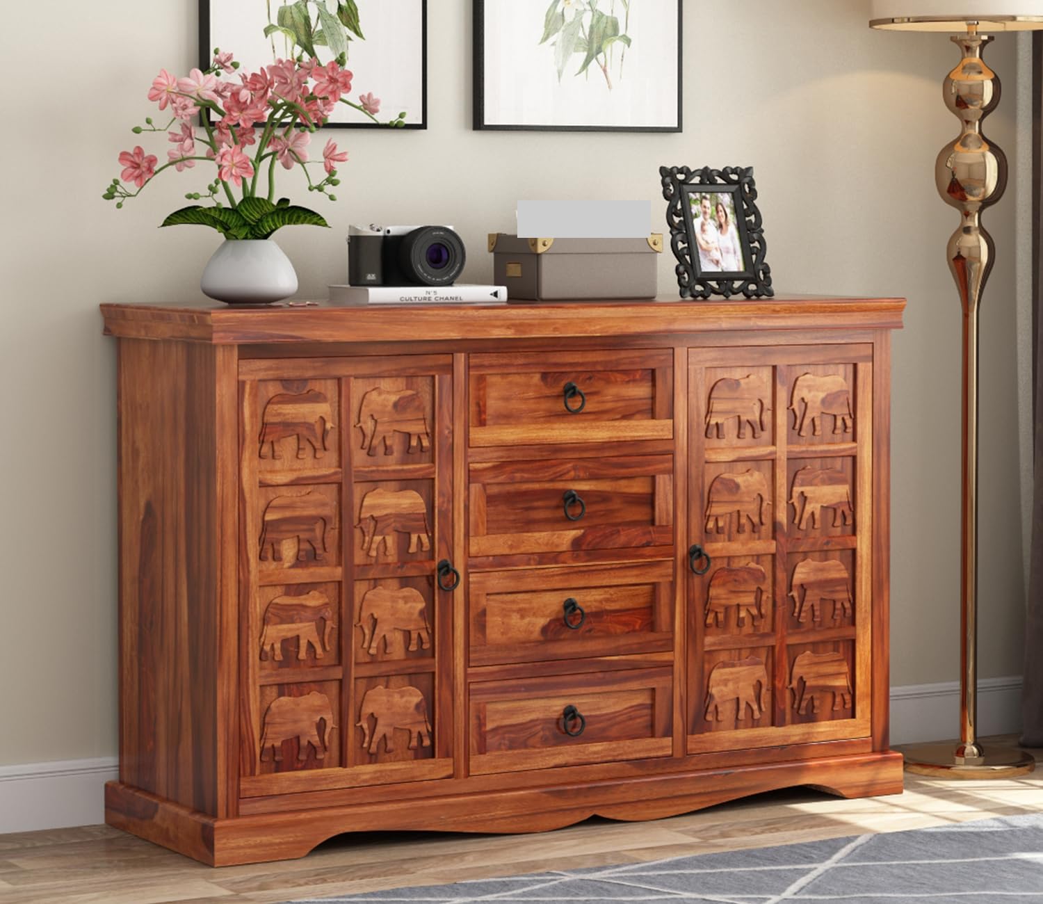 GADWAL FURNITURE Solid Sheesham Wood Wooden Cabinet Sideboard with 4 Drawers and 2-Door Storage (Honey Finish)