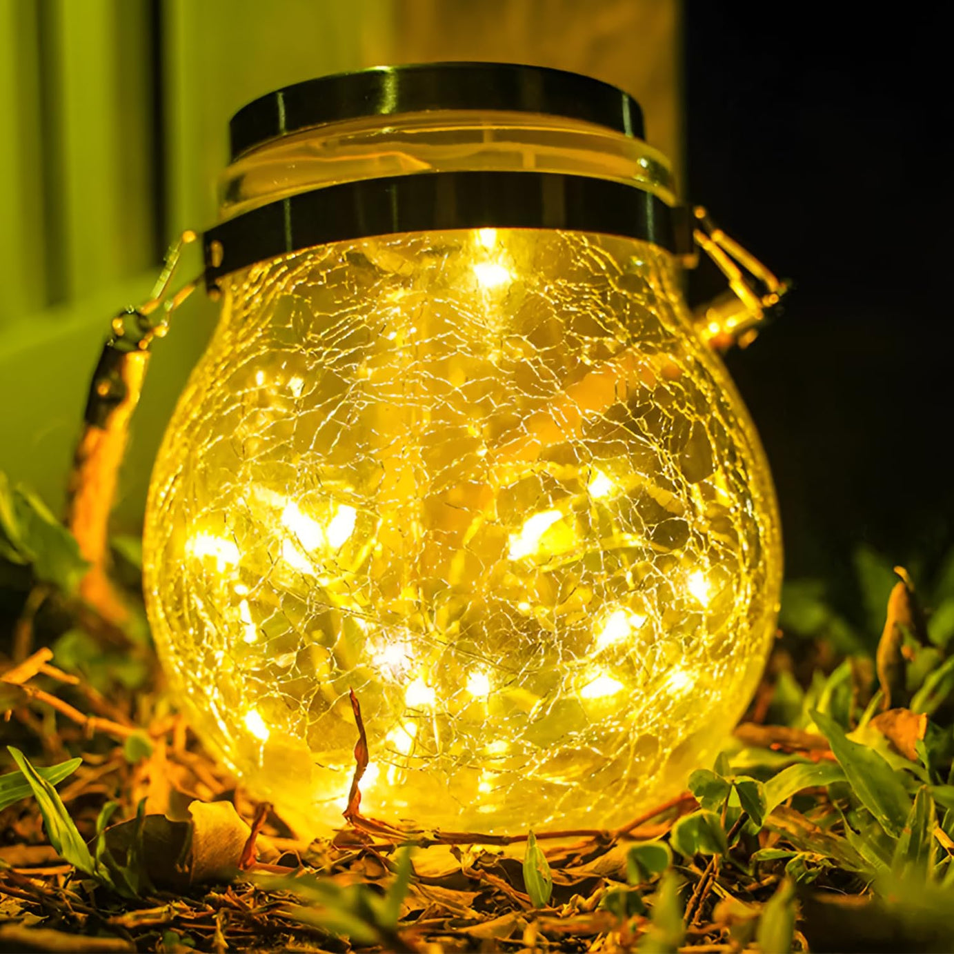 GIGAWATTS GW-506 Solar Light with 2V Panel 30 LED 600mAh Ni-MH Battery Outdoor Hanging Lantern IP65 Crackle Glass Globe Jar Lamp for Garden Lawn Decor Patio Yard (Pack of 1, Warm White)