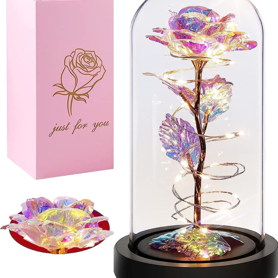 Kriaex Plastic Rose Flower Gift, Rainbow Forever Rose In Glass Dome, Rose Light Up Flower, Personalized Gifts For Mom, Sisters, Friend, Women, Valentine'S Day, Birthday, Wedding