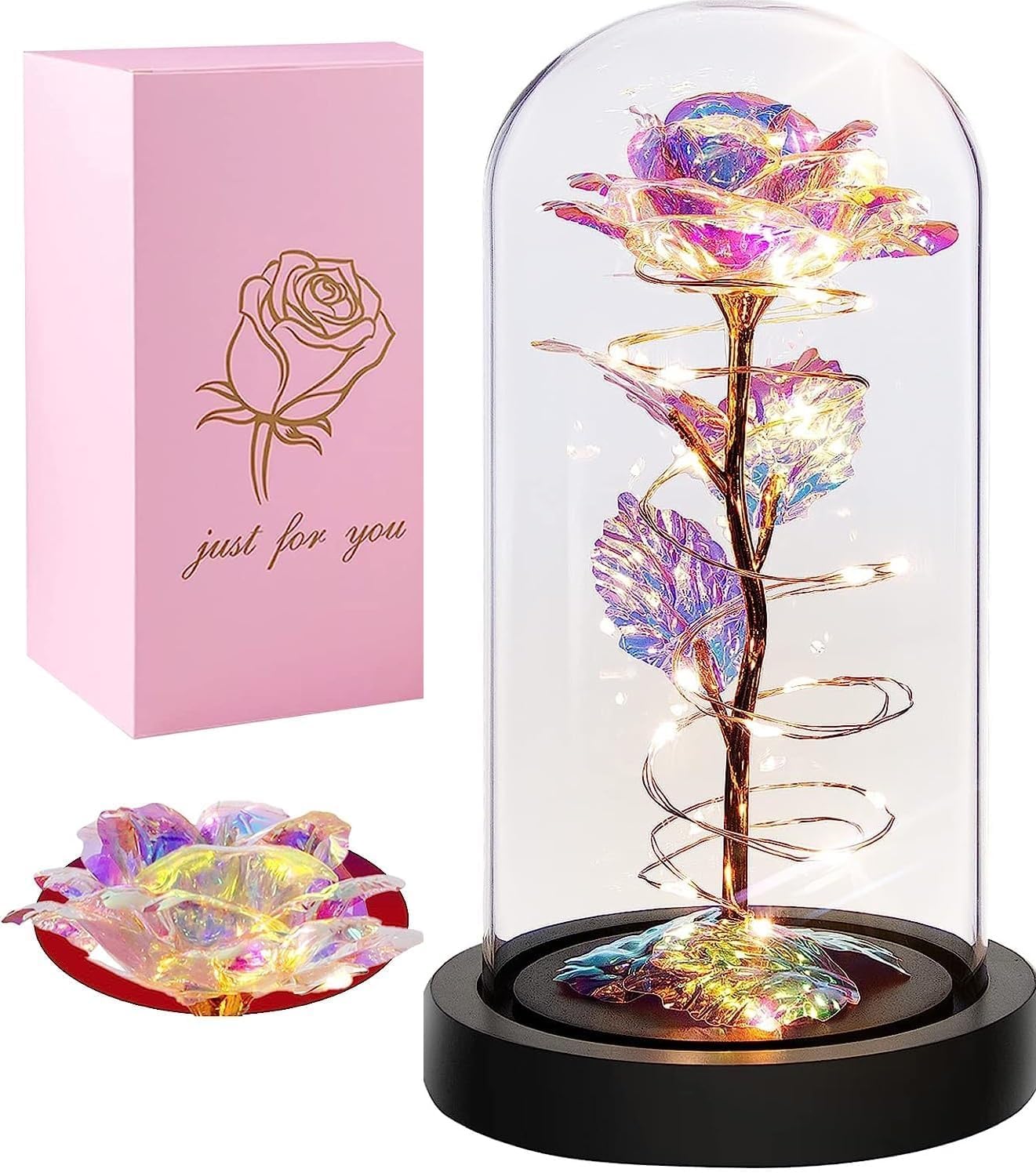 Kriaex Plastic Rose Flower Gift, Rainbow Forever Rose In Glass Dome, Rose Light Up Flower, Personalized Gifts For Mom, Sisters, Friend, Women, Valentine'S Day, Birthday, Wedding