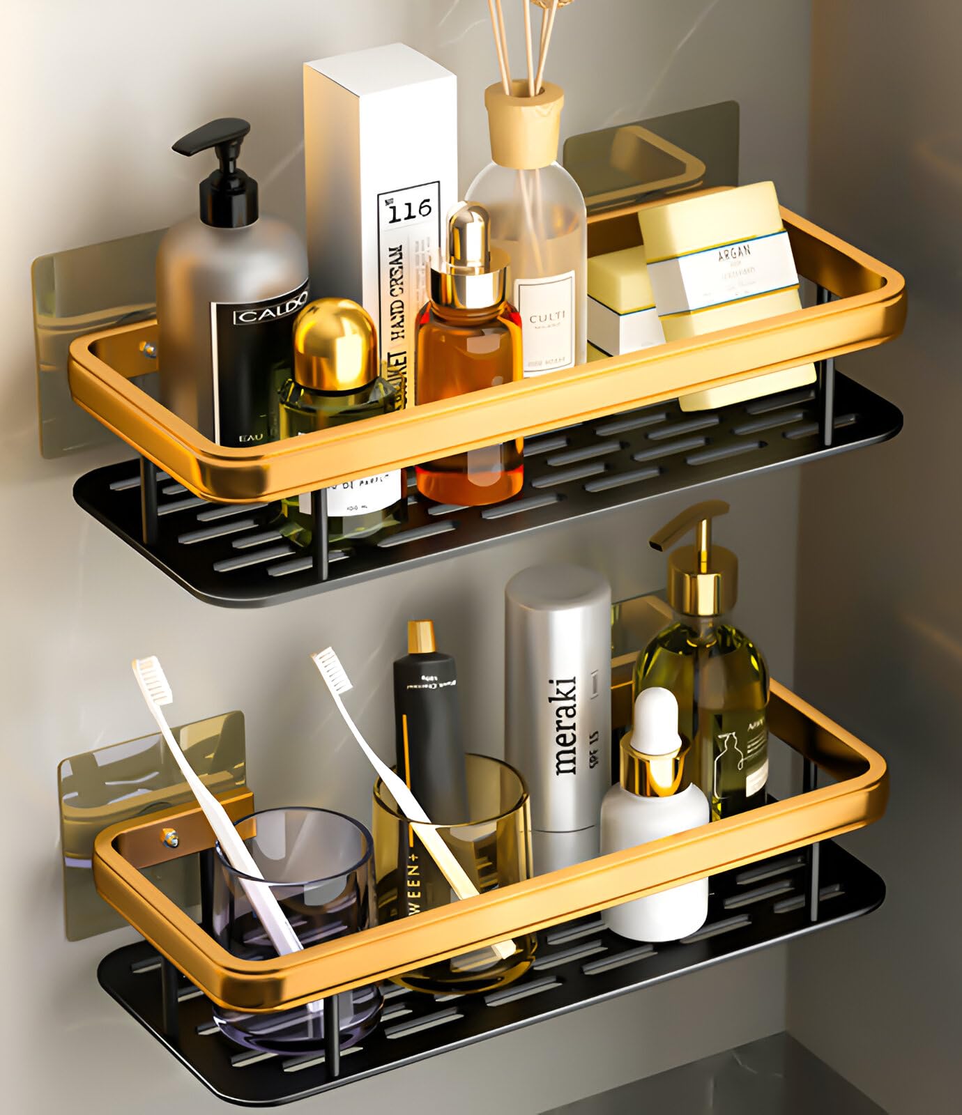 Vrprime 2Pcs Self-Adhesive Bathroom Corner Shelf Rack Bathroom Corner Organizer Stand Bathroom Organisers Racks Bathroom Shelf Shelves Corner (Pack 2, Gold) - Aluminium