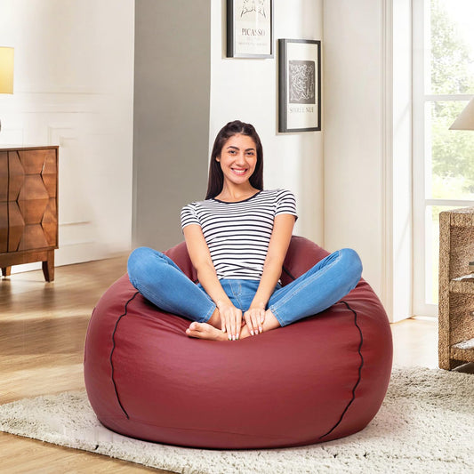 Amazon Brand - Solimo Premium Faux Leather Bean Bag, Filled with Beans | Capacity: Upto 6 Ft 3 in Height, 120 KG Weight | 3XL | Tan with Black Piping