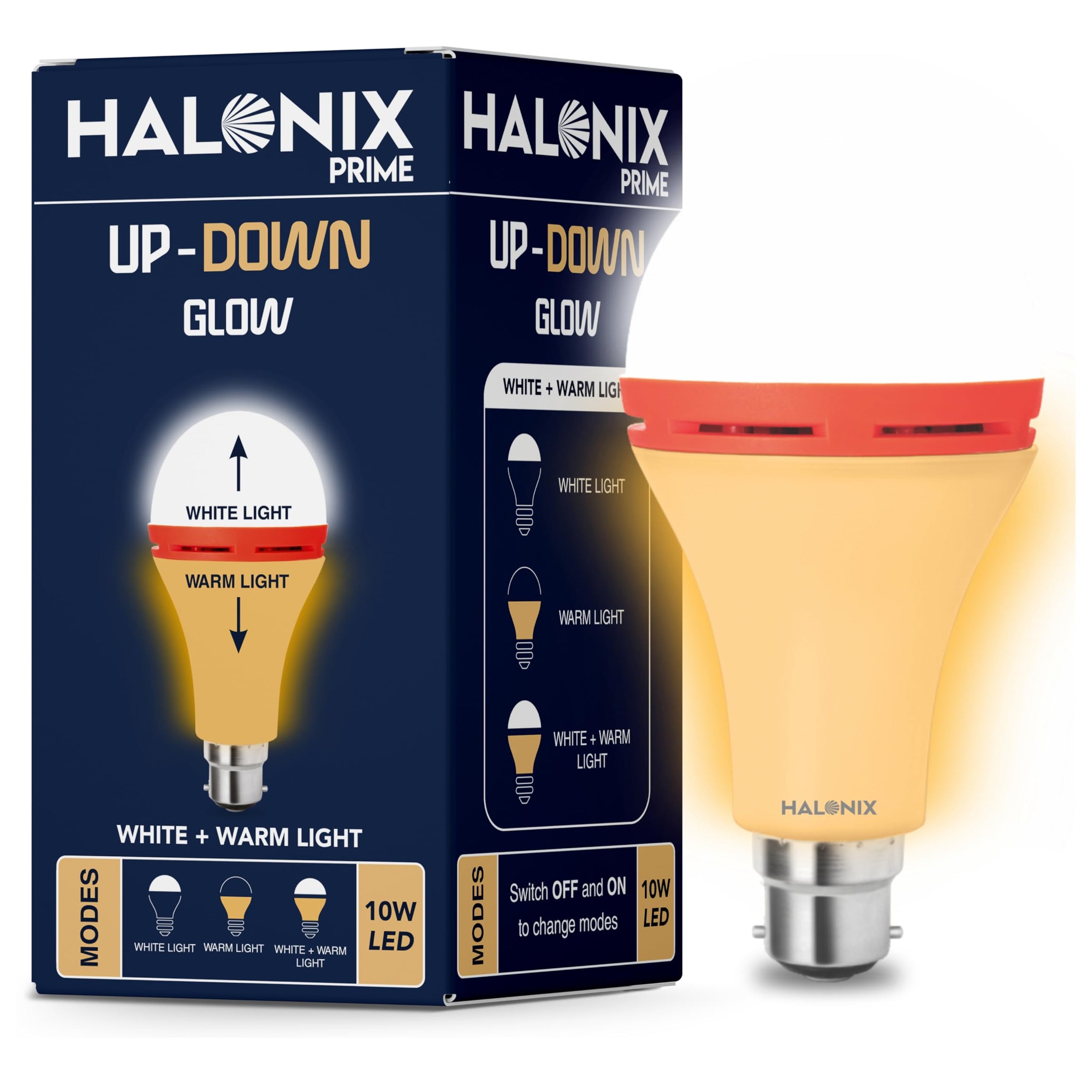 Halonix 10W Up Down Glow Yellow & White 3 modes led bulb | Switch On-Switch Off to change led bulb color | Decorative led bulb | b22d