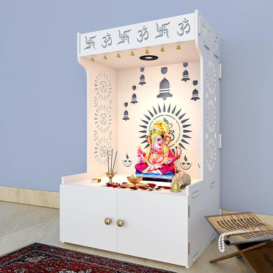 divine wooden white home temple with spacious shelf inbuilt focus light