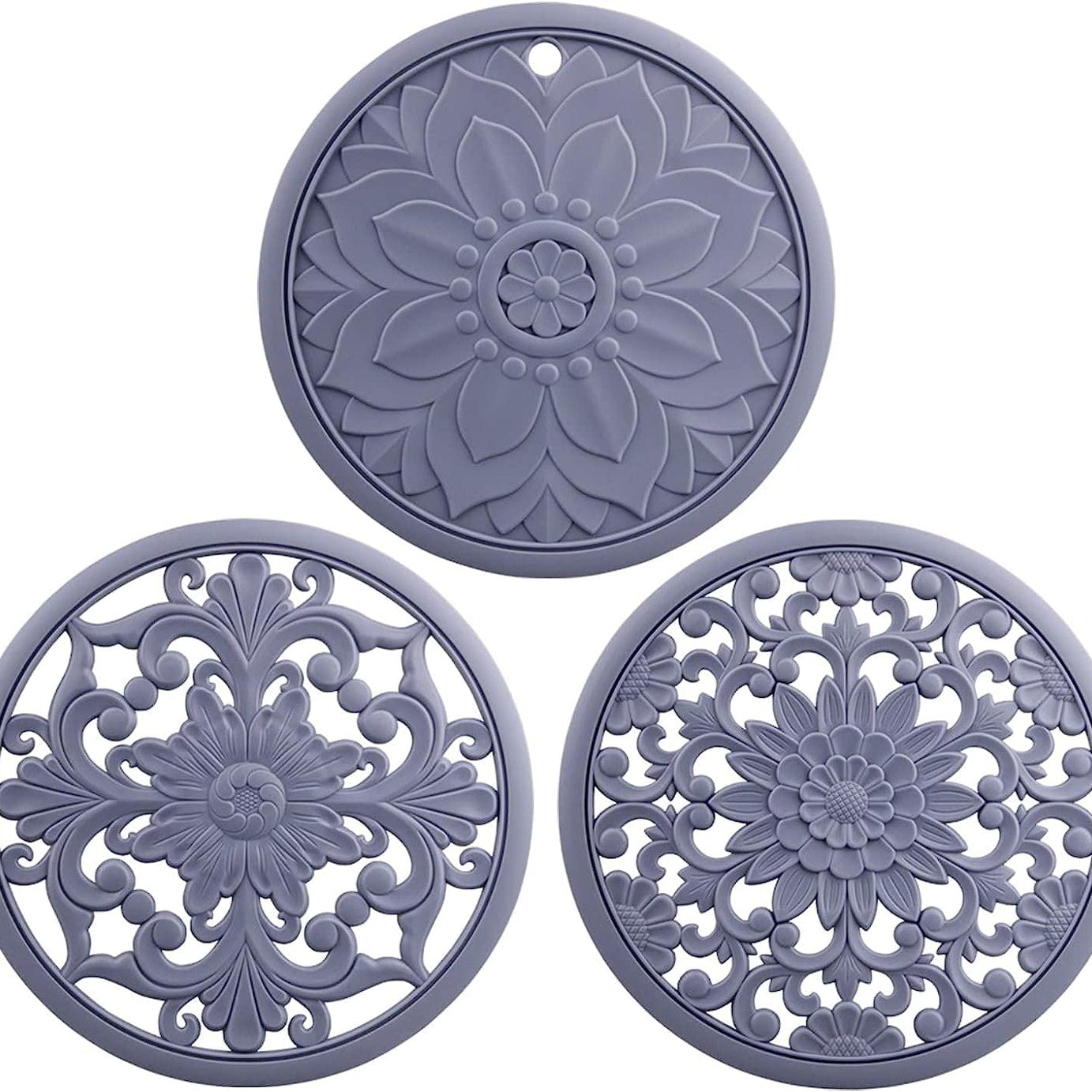 EZYHOME Set of 3 Silicone Trivet Mats,Multi-Use Intricately Carved Hot Pot Trivets for Hot Dishes, Kitchen Mats, Table Mats,Flexible Durable Non Slip & Heat Resistant Kitchen Hot Pads Coasters (Grey)