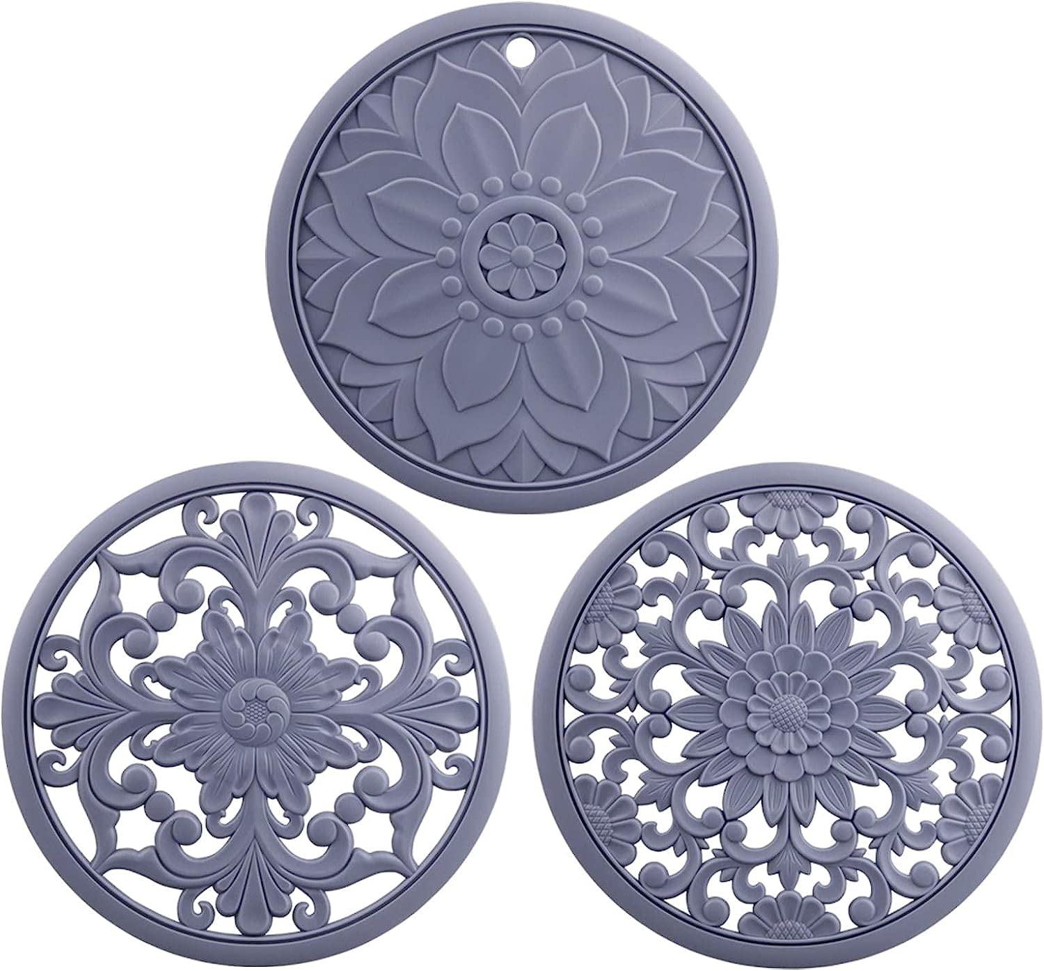 EZYHOME Set of 3 Silicone Trivet Mats,Multi-Use Intricately Carved Hot Pot Trivets for Hot Dishes, Kitchen Mats, Table Mats,Flexible Durable Non Slip & Heat Resistant Kitchen Hot Pads Coasters (Grey)