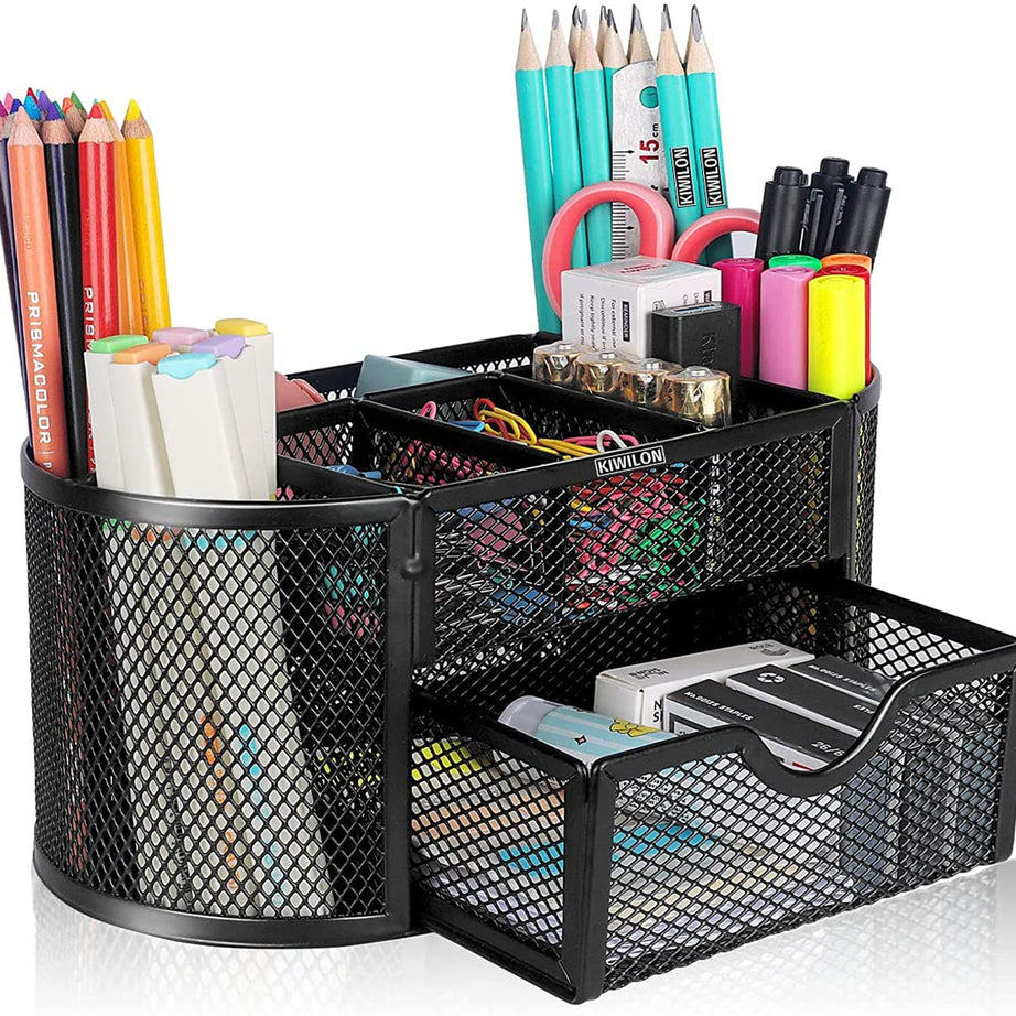 Kiwilon 9 Compartment Metal Mesh Desk Organizer For Office Table - Black | Stationary Organiser For Study Table | Office Supplies Holder - Pen Stand | Durable and Portable