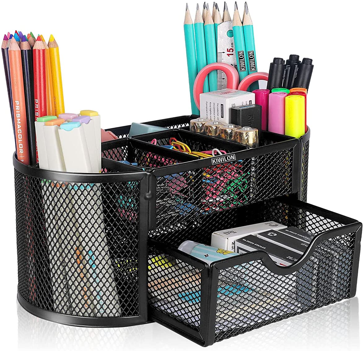 Kiwilon 9 Compartment Metal Mesh Desk Organizer For Office Table - Black | Stationary Organiser For Study Table | Office Supplies Holder - Pen Stand | Durable and Portable