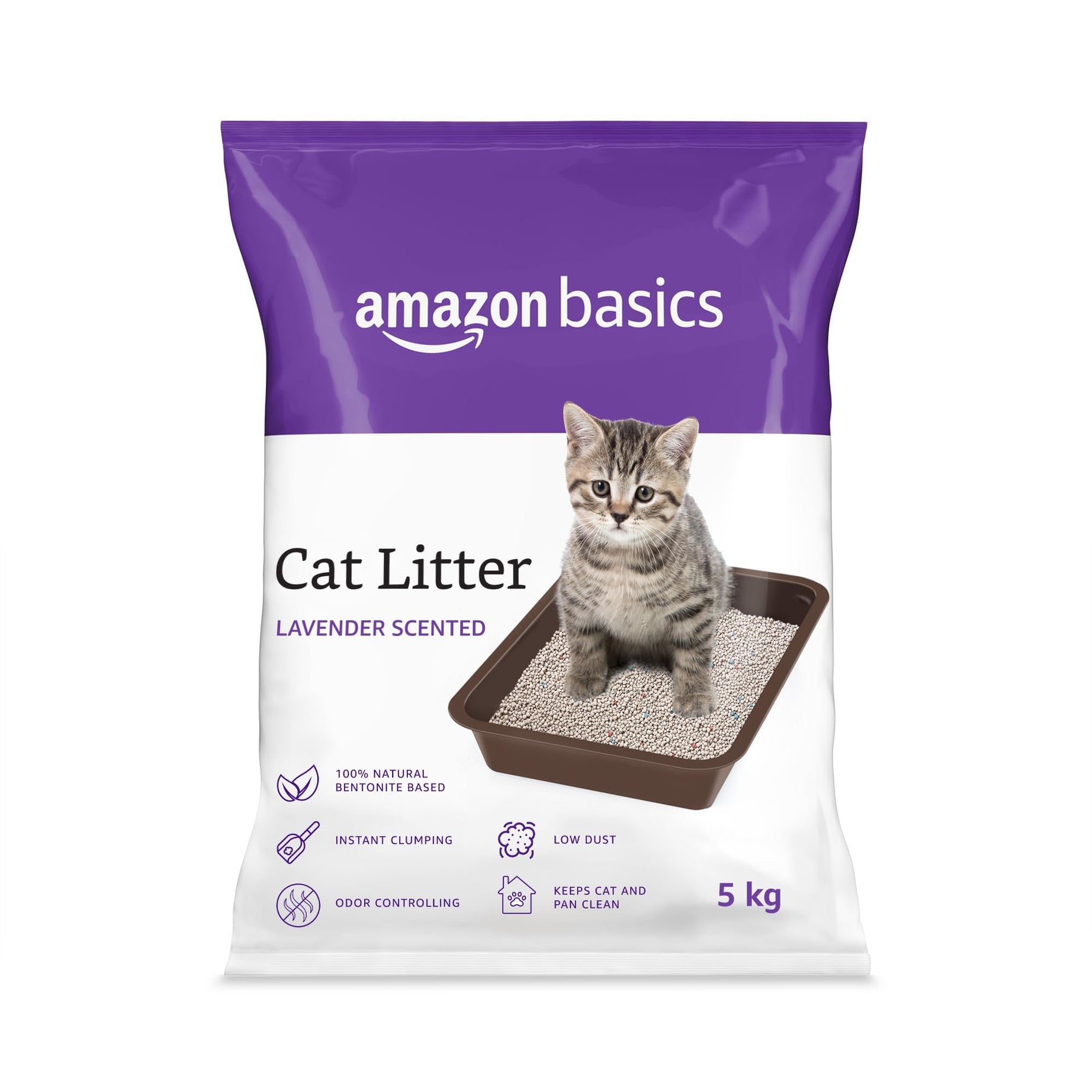 Amazon Basics Scoopable Smart White Bentonite Cat Litter | Lavender Fragrance | Scented Cat Litter | 5Kg - Pack of 1