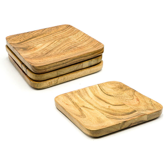 Naayaab Craft Premium Handcrafted Acacia Wood Square Nested Tray Platter - Set of 4 (Size: 15 x 15 x 1.5cm)