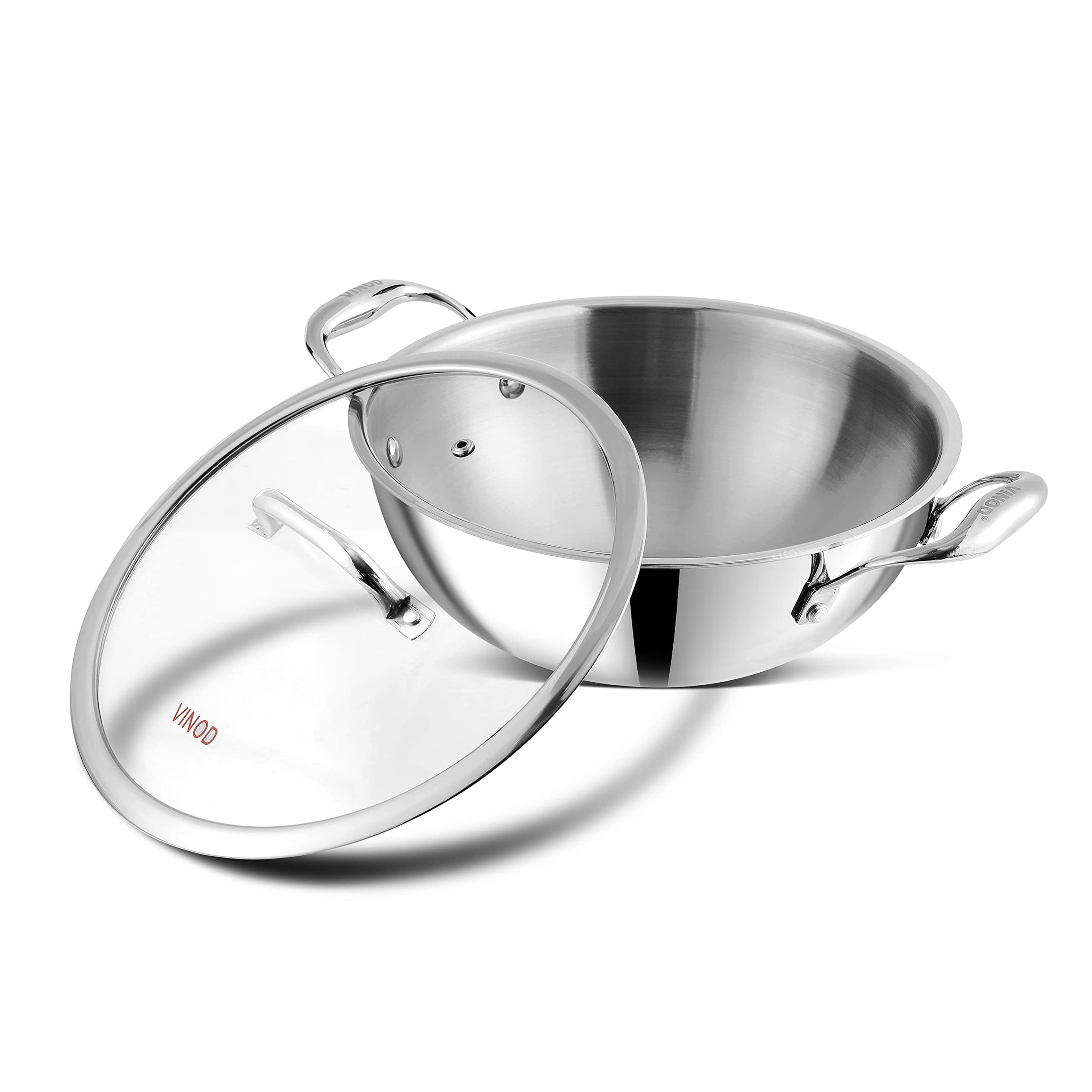 Vinod Platinum Triply Stainless Steel Extra Deep Kadai with Glass Lid 2.5 litre (22 cm) | 2.5mm Thick | Kadai for Cooking | Heavy Base | Induction & Gas Base | 5 Year Warranty