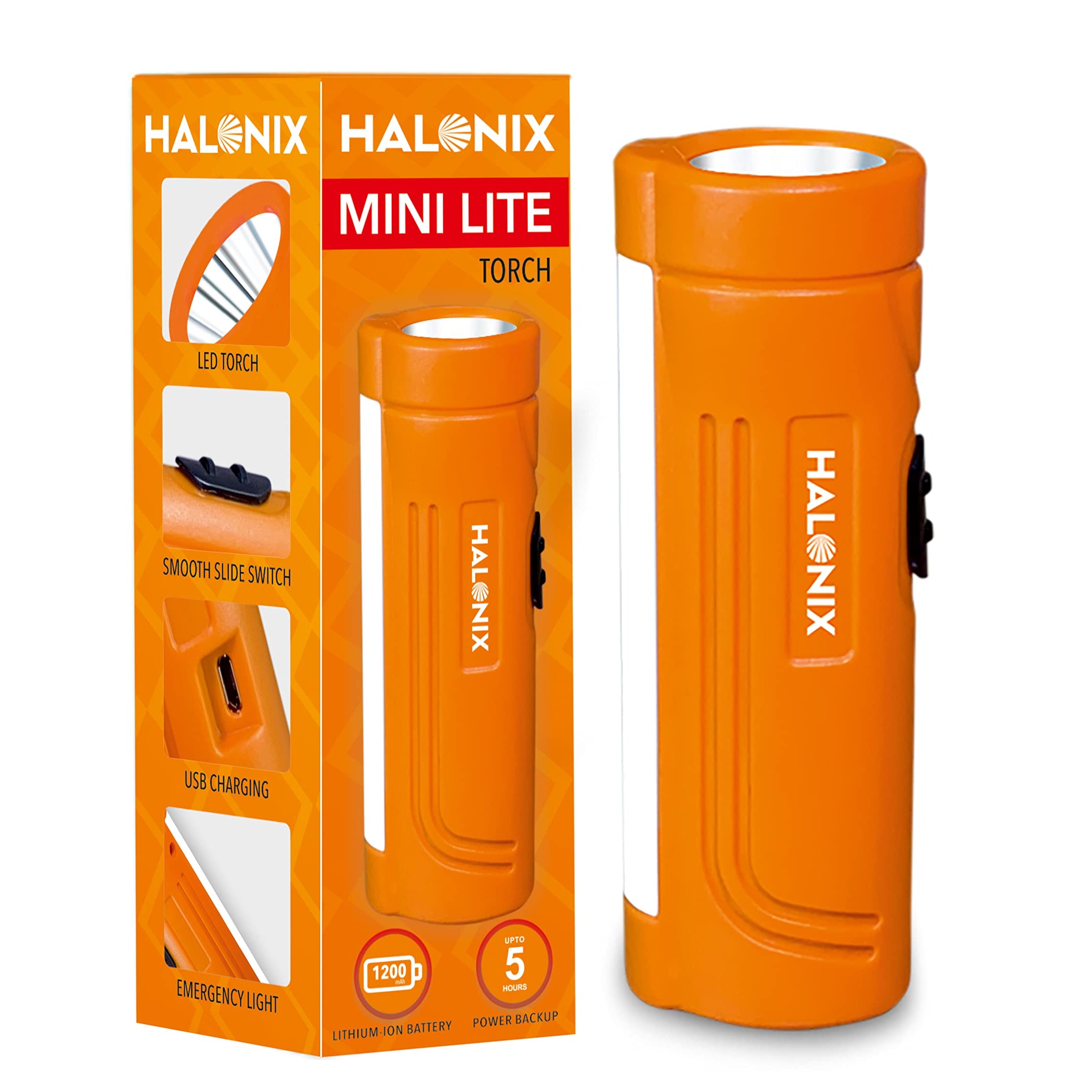 Halonix Plastic 1W and 2W Add-On Minilite Rechargeable Emergency Light Cum Pocket Flashlight Torch, with USB Charging, Smooth Slide Switch