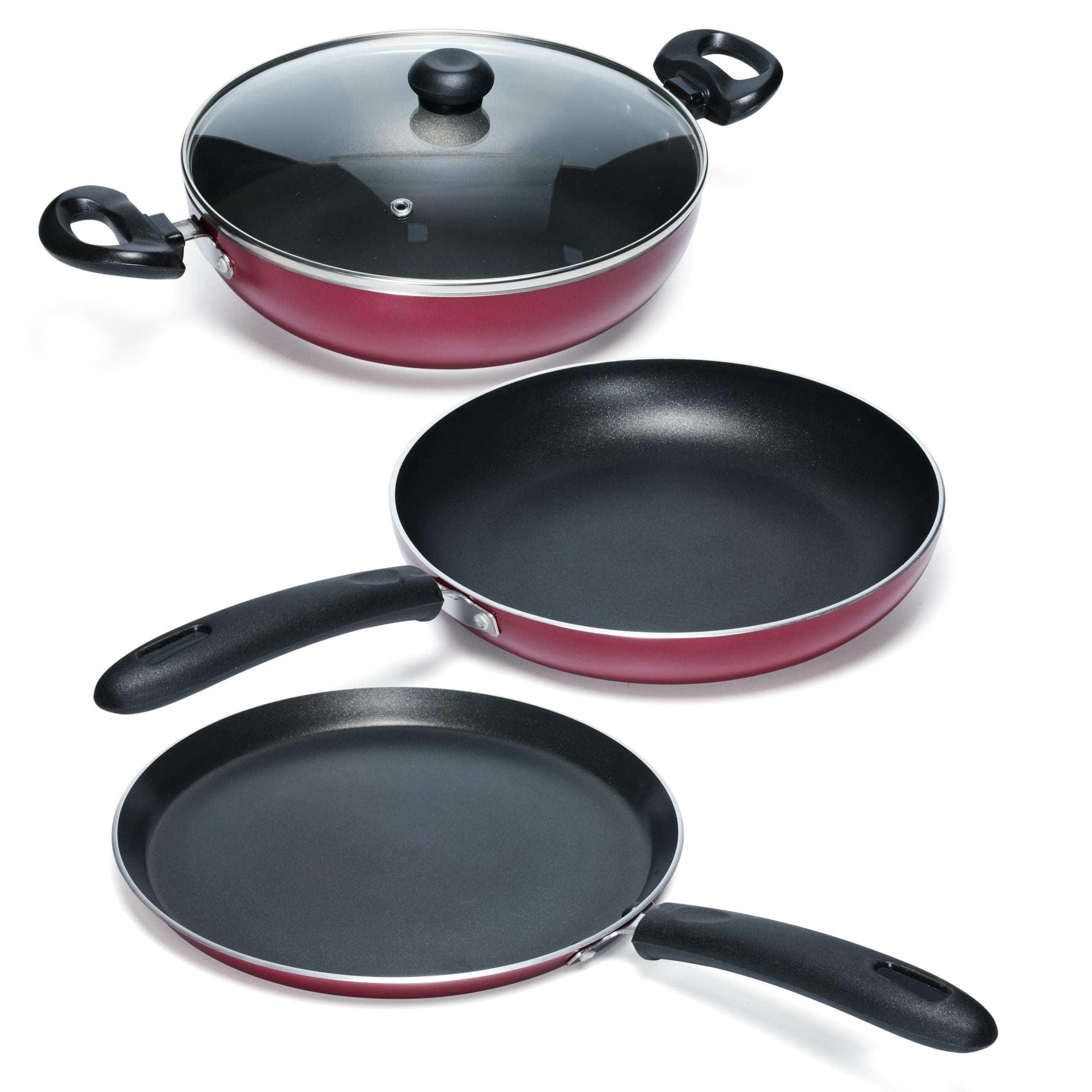 Impex Migo Nonstick Cookware Set Of 4 Pcs Non-Stick Coated Aluminium Cookware Set | Tawa Pan | Fry Pan | Kadai Pan With Glass Lid - Maroon